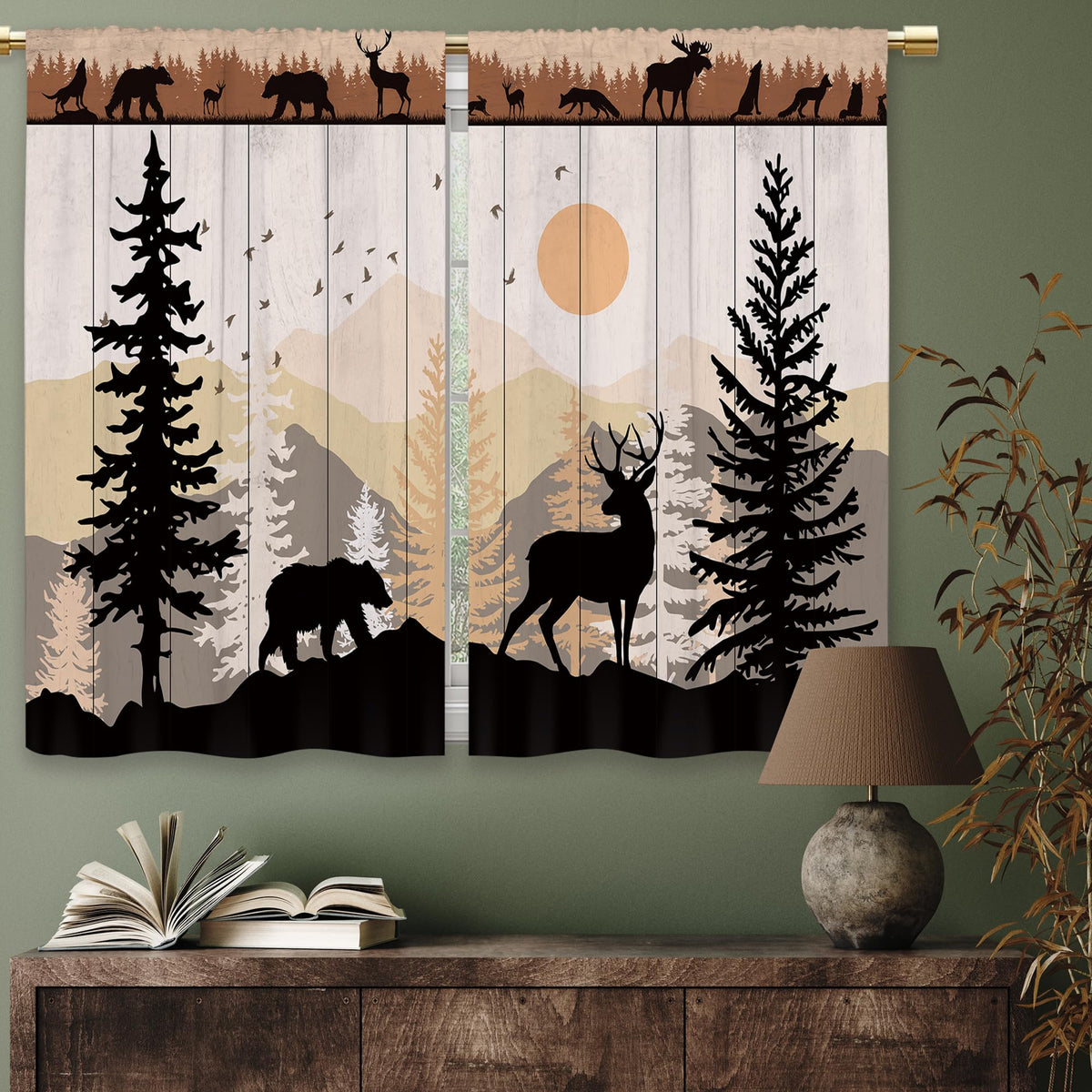 Laifzere Farmhouse Forest Cabin Kitchen Curtains Rustic Wooden Small Short Cafe Window Curtains Tree Country Deer Bear Rod Pocket Bathroom Window Drapes Treatment Tier Curtains 2 Panels (27.5x39 Inch)