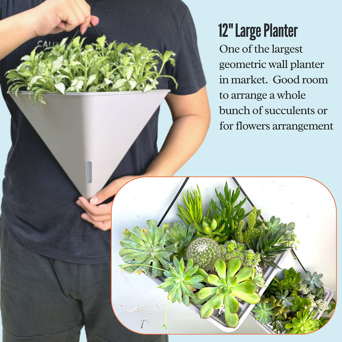 LaLaGreen Bundle - 12" x 4 Pack Black + 12" x 4 Pack Gray Large Self Watering Geometric Hanging Flower Vase Vessel with Metal Hanger, Modern Stylish Wall Mounted Succulent Pot Holder Decor