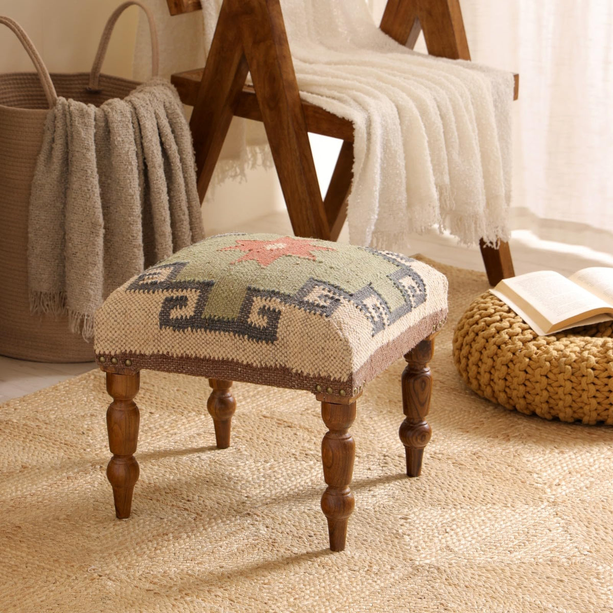 NATURAL FURNISH Solid Wood Upholstered Footstool | Handmade Southwestern Pattern Ottoman with Turned Wooden KD Legs | Decorative Accent Stool for Living Room, Entryway & End of Bed (Gray and Tan)