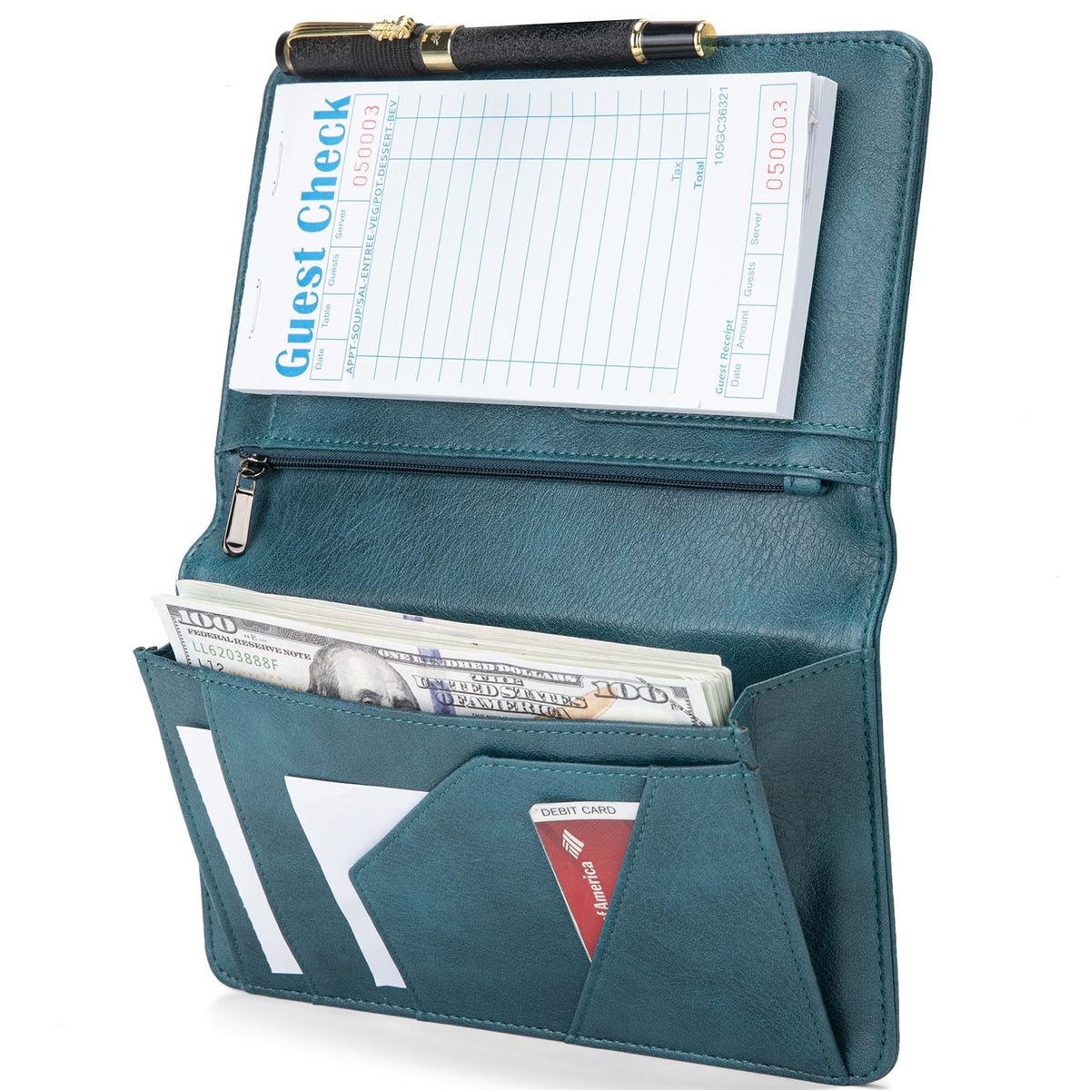Server Book with Zipper Pocket and Magnetic Closure, Server Books for Waitress, Leather Waitstaff Organizer with High Volume Money Pocket, Fit Server Apron (Green)