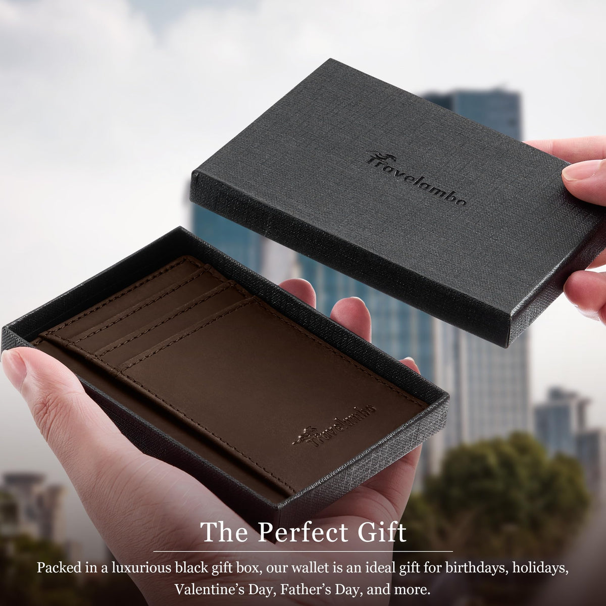 Travelambo 100% Genuine Leather Wallet for Men and Women, Slim Minimalist RFID Blocking Front Pocket Credit Card Holder with Gift Box