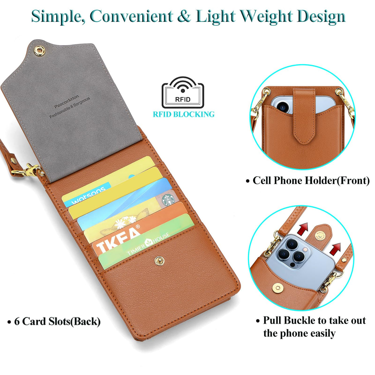 Peacocktion Small Crossbody Bags for Women, RFID Leather Cell Phone Purse with Card Slot, Trendy Card Holder Wallet Brown