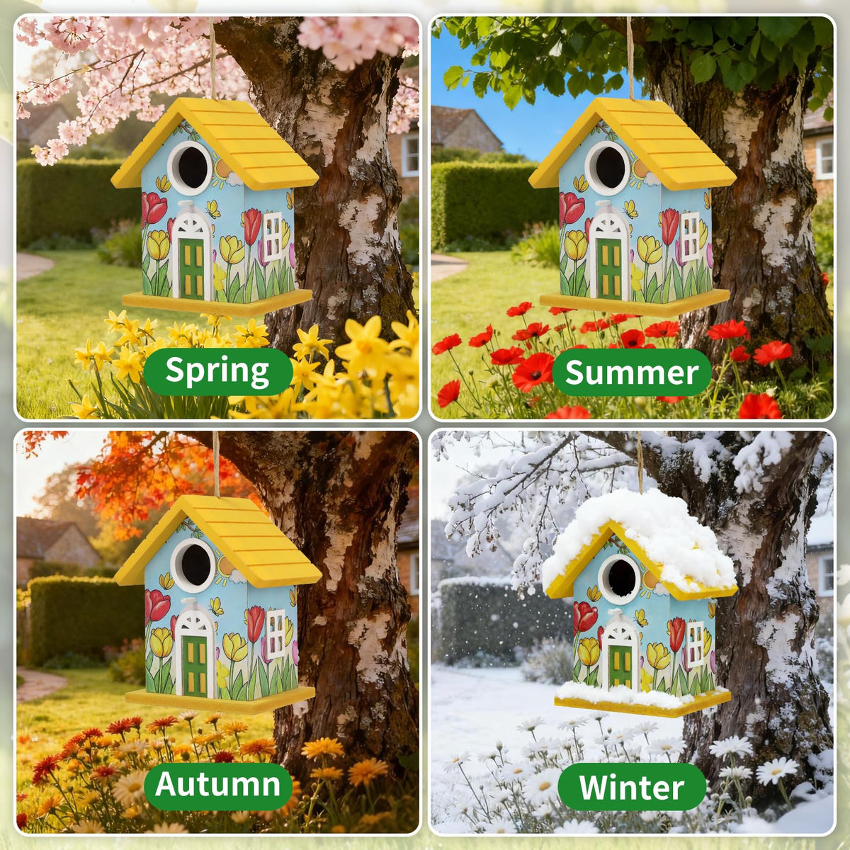 Wooden Bird Houses Bird House for Outside Yellow Wood Bird House for Outdoors,Handmade Painted Tulips Bird Houses for Garden Blue Bird Hummingbird Wren Cardinal Swallow Sparrow Finch Chickadee