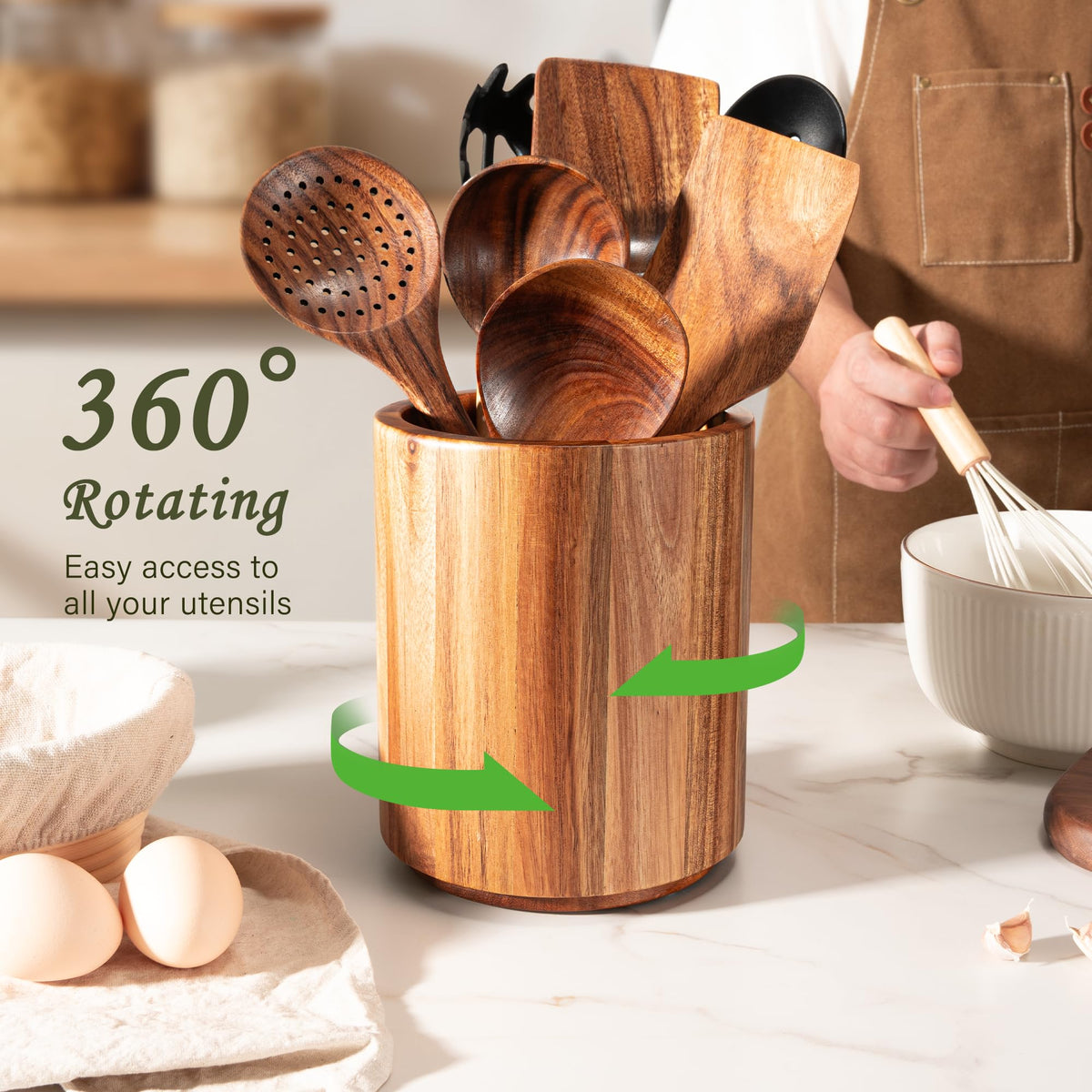 Criusia Utensil Holder 2 Pack, 360° Rotating Acacia Wood Cooking Utensil Crocks for Kitchen Counter, Farmhouse & Modern Decor, (1 Large,1 Small)