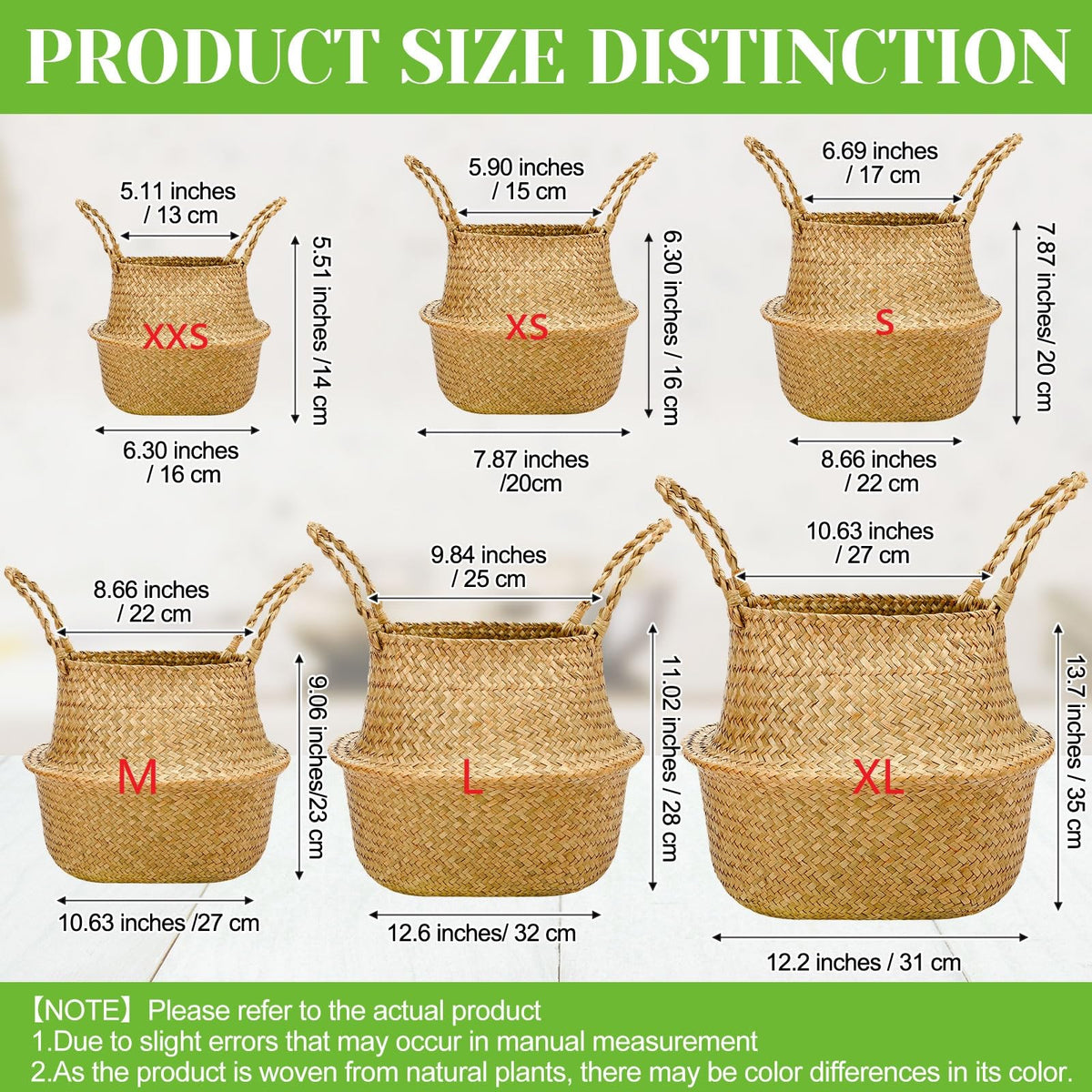 Qunclay 4 Pcs Woven Seagrass Baskets Belly Basket Folding Boho Natural Plant Pot with Handles Round Decorative Wicker Large Indoor Planter for Home Outdoor Tree Planters Decor (S,8.7''dx7.9''h)