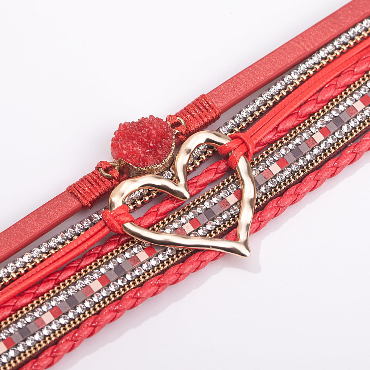 FANCY SHINY Heart Leather Wrap Bracelets Stackable Boho Cuff Bangles Trendy Resin Stone Rhinestone Bracelets with Magnetic Clasp for Women Gifts Jewelry(Red)