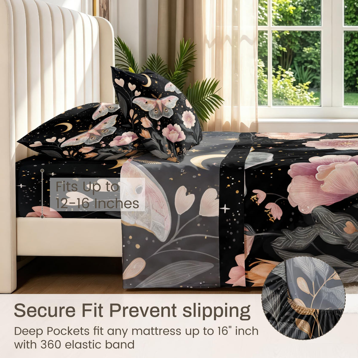Pink Luna Moth Bedding Set 4 Pcs Girls Moon Star King Sheets