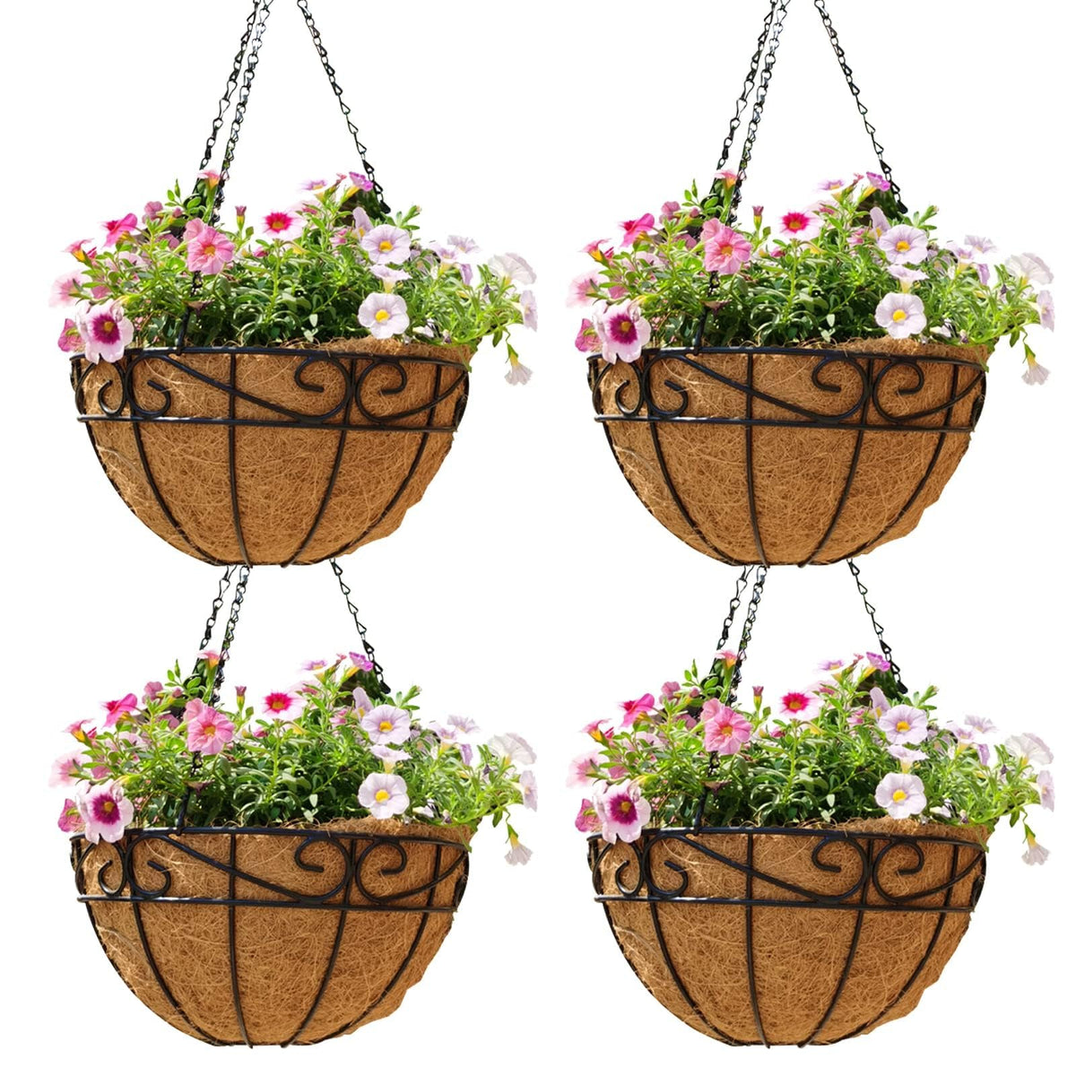 EIMQUVW Outdoor Metal Hanging Planters Basket (4pack, 12 inch) Hanging Baskets for Plants Chain Round Wire Plant Holder with Coco Fiber Liners for Garden, Patio, Deck, Porch(Flower Border)
