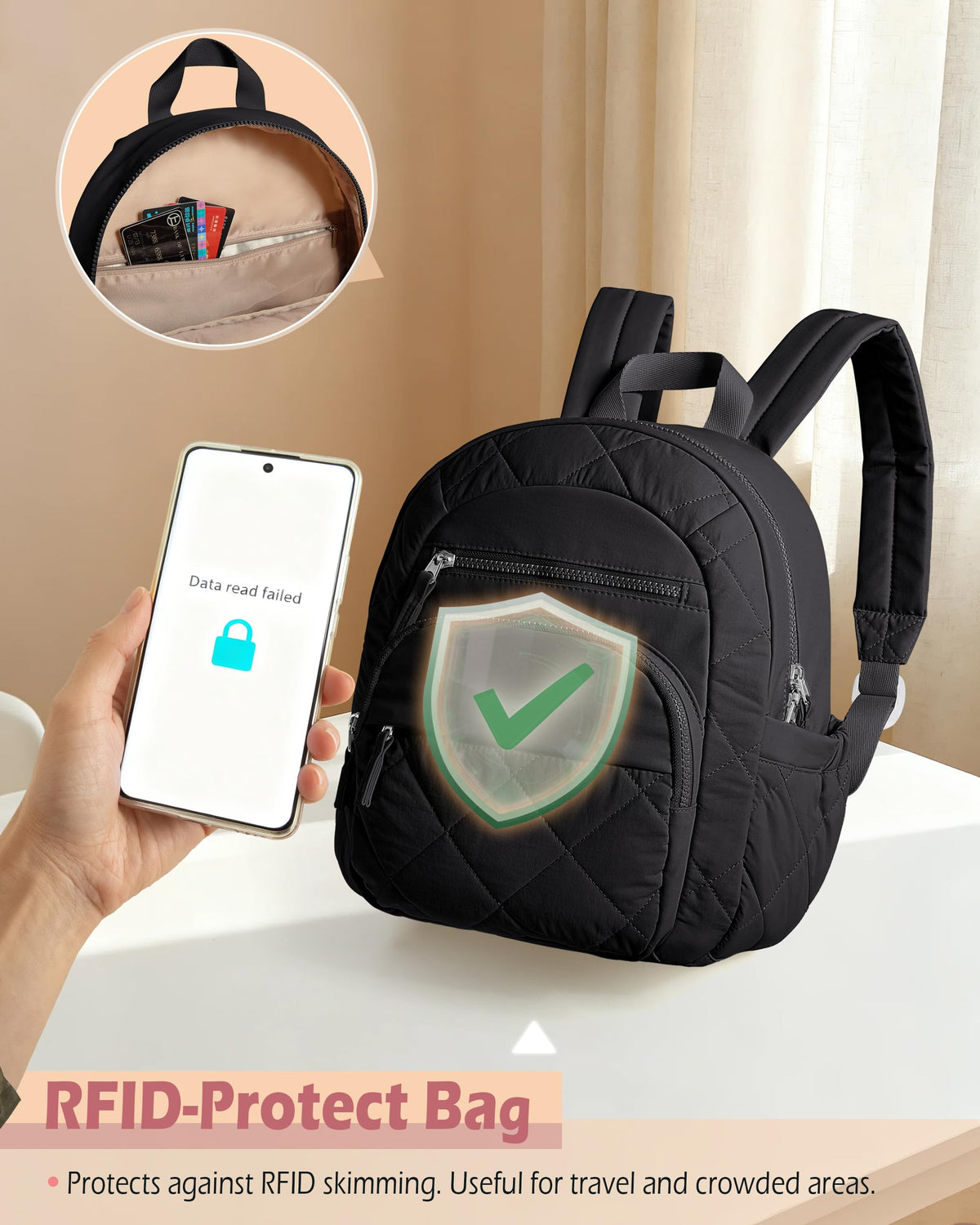 Smasrob Women Mini Backpack with RFID Blocking Pocket, Small Puffer Backpack Purse, Lightweight Quilted Backpack for Work, College or Travel, Black