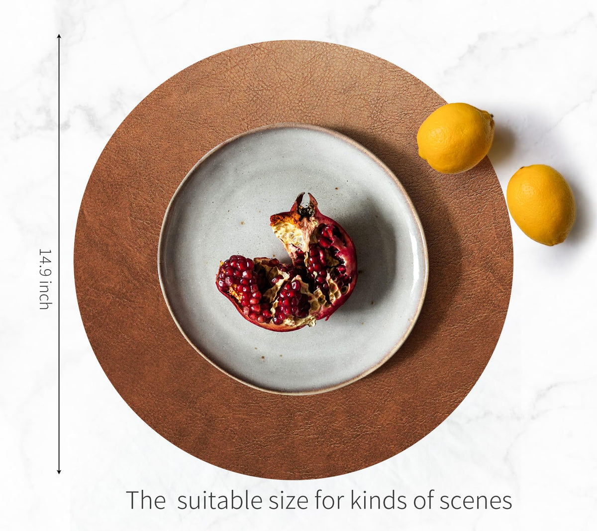 RENMTURE Faux Leather Placemats Set of 4,with 4 Cup mat,Washable, for Kitchen Dining Table,Restaurant,Coffee Shop (Walnut Brown, Round)