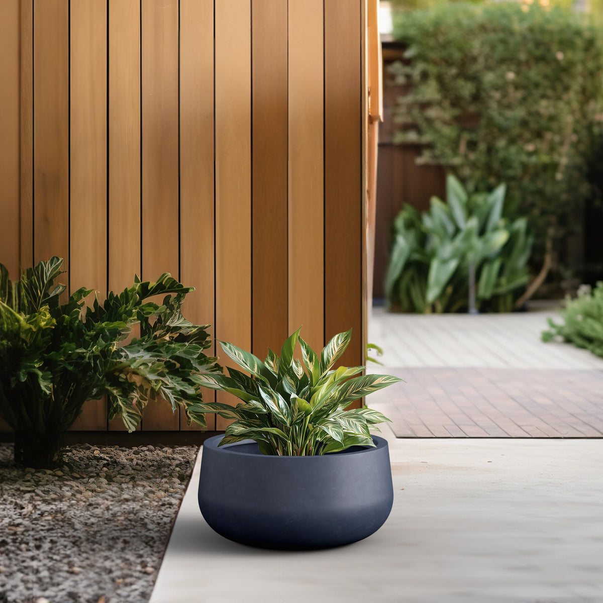 Kante 19.6" Dia Round Concrete Planter, Cement Plant Pots with Drainage Hole and Rubber Plug for Outdoor Indoor Garden Home, Modern Curvaceous Design, Dark Gray
