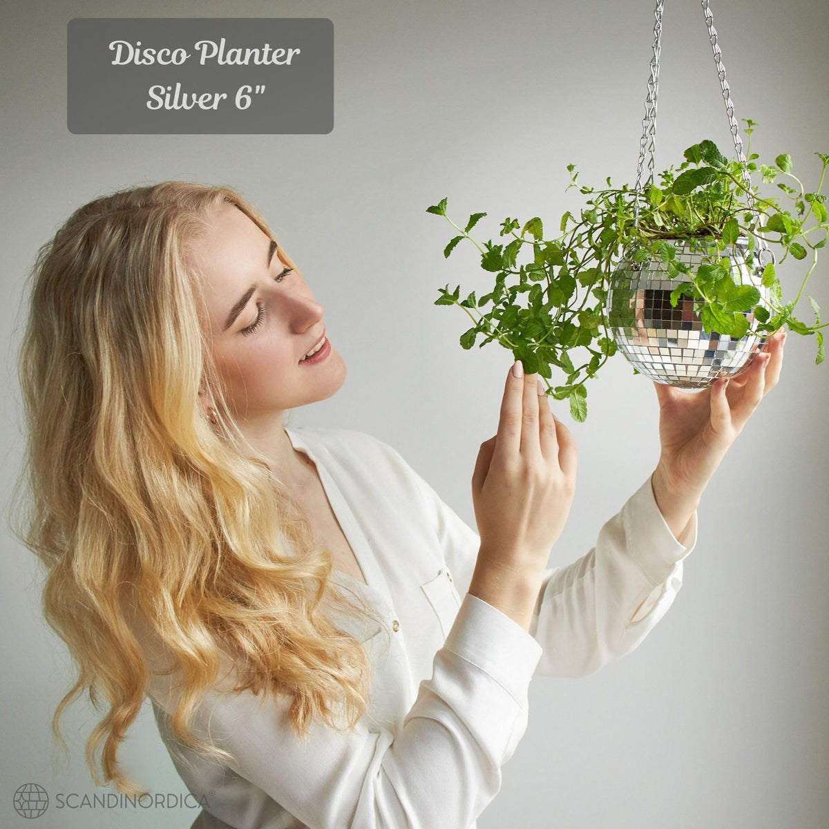 SCANDINORDICA Disco Ball Planter – Value Package: Mirror Disco Planter with Chain, Macrame Hanger and Acrylic Stand for Desk, Includes Self Watering Insert, Disco Ball Decor | 6 inch Silver