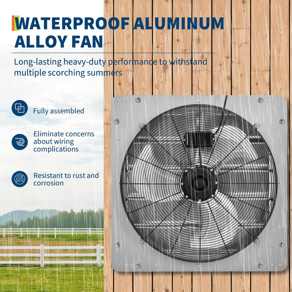 24" Wall Mounted Shutter Exhaust Fan with 5 ft Power Cord, 3500 CFM, 1500 RPM, Auto Shutters, Quiet & Powerful Ventilation for Garage, Attic, Greenhouse, Shed