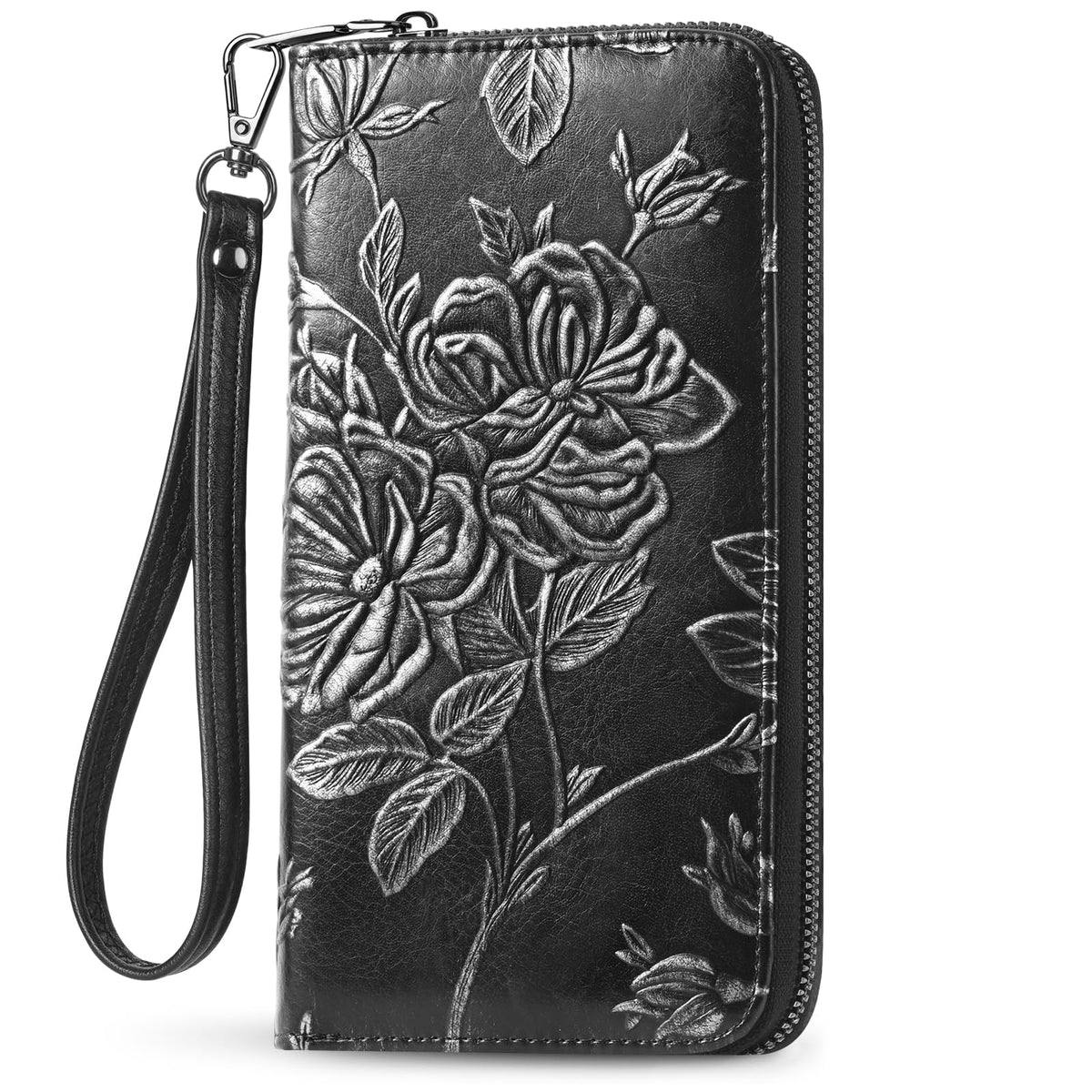 FORUWISH Wallet Women RFID Credit Card Holder Embossed Vegan Leather Large Capacity Black Wristlet Wallets for Women