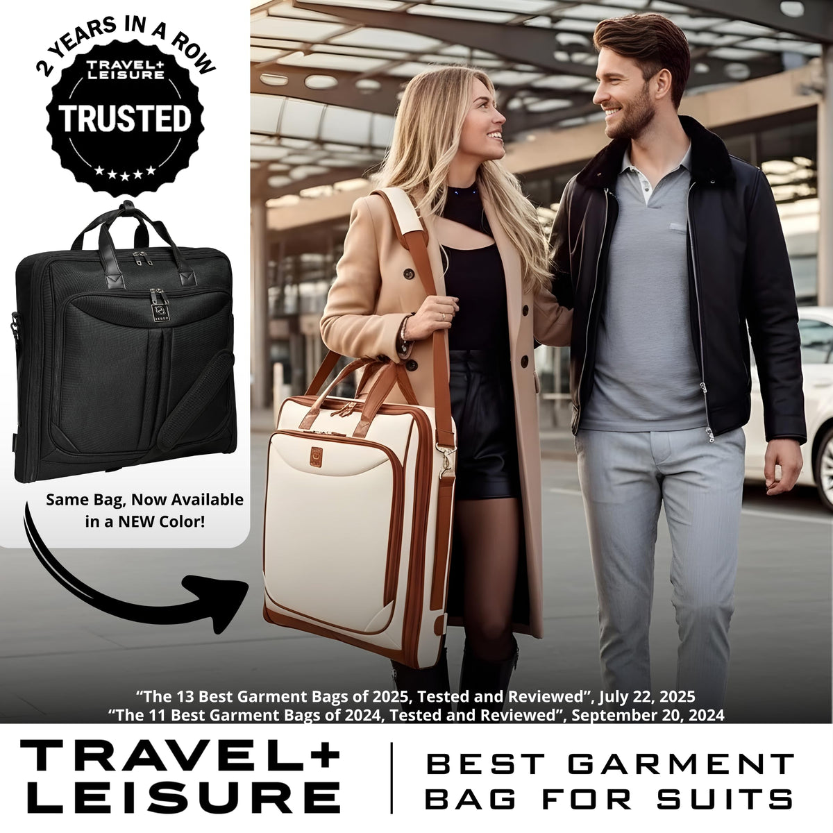 ZEGUR Premium Garment Bag Carry On for Women - Hangs Blazers, Pantsuits & More - Travel Bag with Shoulder Strap and Laptop Compartment (Beige with Saddle Brown Leather)