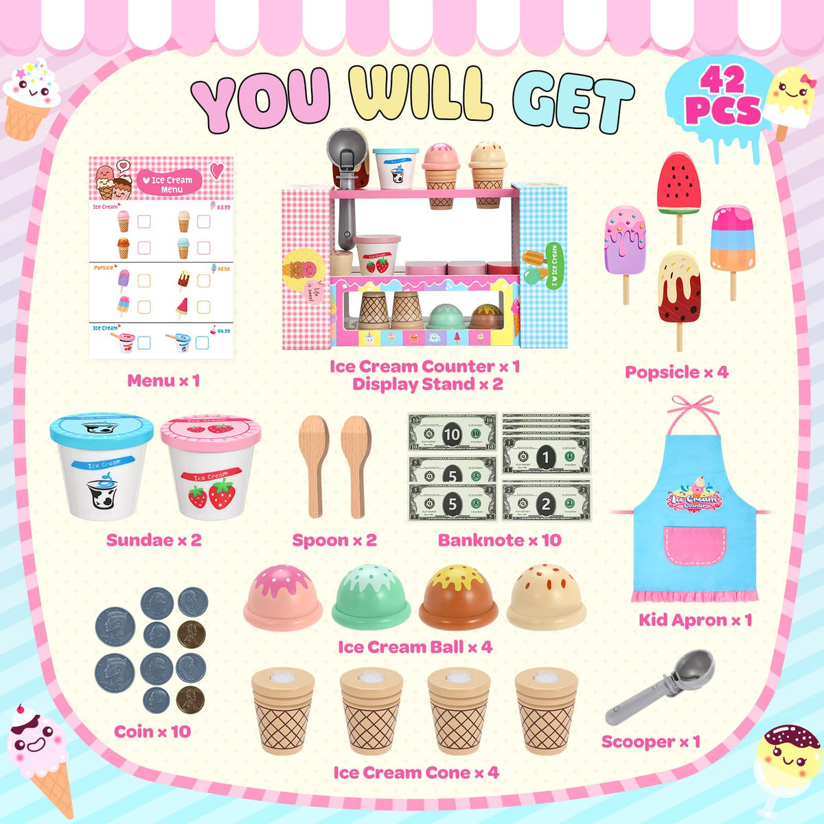 INNOCHEER Ice Cream Toy, Wooden Ice Cream Play Set, Pretend Play Kitchen Toys, Ice Cream Toys for Toddlers, Ice Cream Shop Playset Play Store, Gifts Toys for 3 4 5 6 7 8+ Year Old Girls Boys