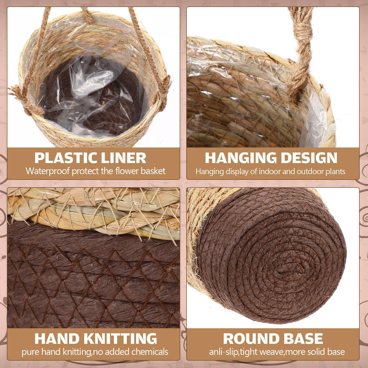 Ferrochef 6 Pcs Seagrass Hanging Planter Basket Hand Woven Plant Basket with Plastic Liners Hanging Plant Holder Storage Containers with Cotton Rope for Indoor Garden Decor (Small,Brown,Coffee Brown)