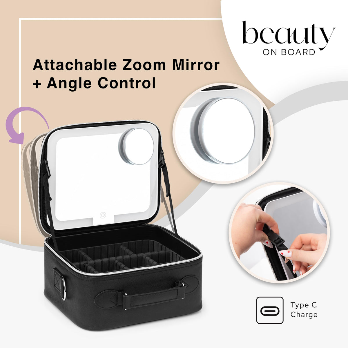 BeautyOnBoard Makeup Bag with LED Mirror, PU Leather Makeup Case - 3 Adjustable Brightness Levels, Lighted Cosmetic Case with Mirror, Dividers - Make Up Portable Storage Travel Organizer with Handle