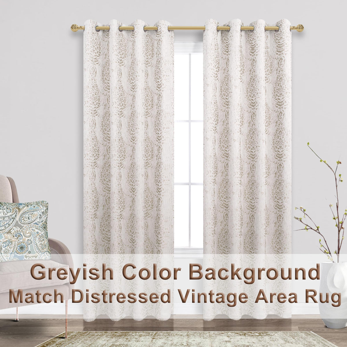 Taupe Neutral Patterned Curtains for Living Room, 84 Inch Long Semi Blackout Elegant Damask Geometric Textured Pattern Printed Light Blocking Window Curtain Drapes for Bedroom Dining, Tan Brown Beige