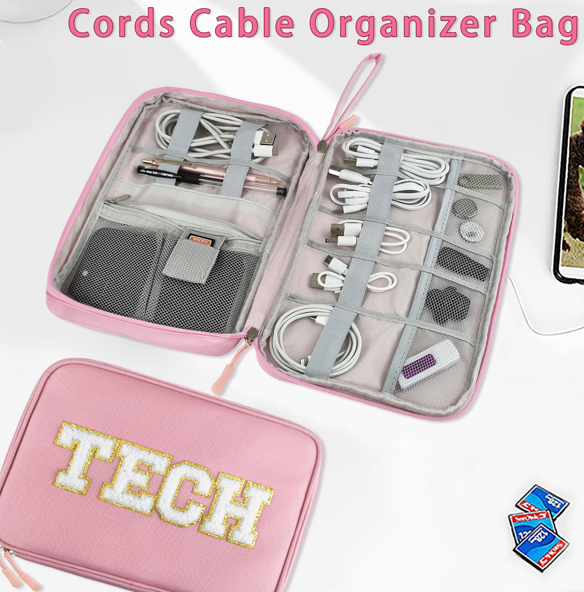 COSHAYSOO Electronics Bag Case Cable Cords Organizer Travel Essentials for Women College Teen Girls Vacation Dorm Accessories Preppy Personalized Gift (Large Pink)