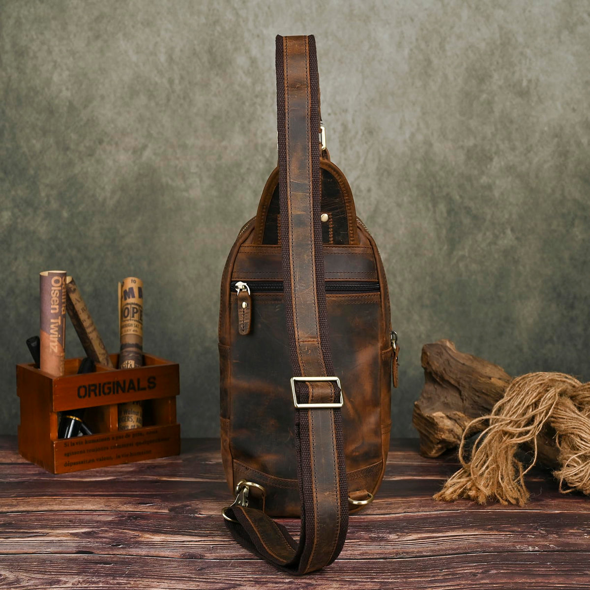Handadsume Thick Crazy horse Leather Triangle Crossbody Sling Chest Bag Travel One Shoulder Bag Daypack For Men Male 3028 (1186-Brown)