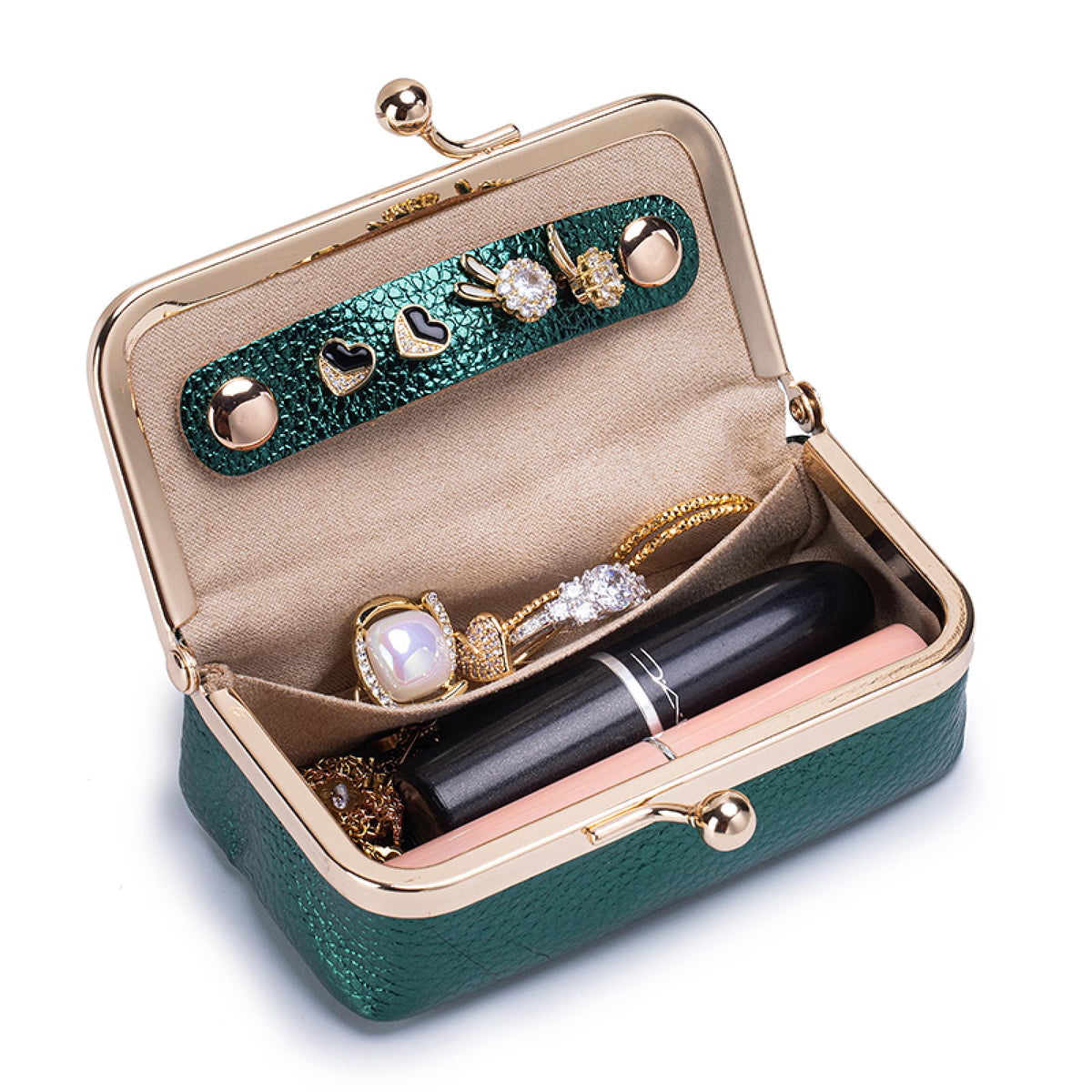 Nsciyise Genuine Leather Travel Jewelry Box, Mini Jewelry Organizer Case with Mirror for Women, Small Lipstick Bag for Purse, Cute Portable Gift for Her women giril (Green, Lridescent)