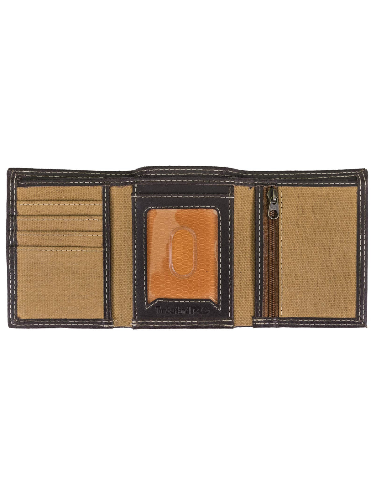 Timberland PRO Men's Canvas Leather RFID Trifold Wallet with Zippered Pocket, Khaki, One Size