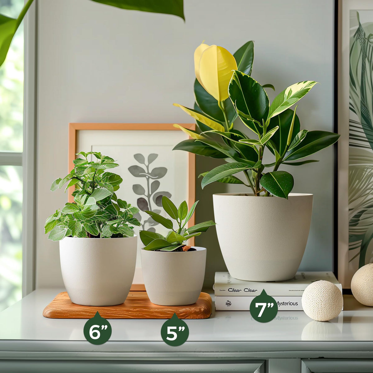 T4U 7 Inch Self Watering Planters Plastic Plant Pot, Modern Decorative Flower Pot/Window Box for All House Plants, Flowers, Herbs, African Violets, Succulents - White, Set of 6