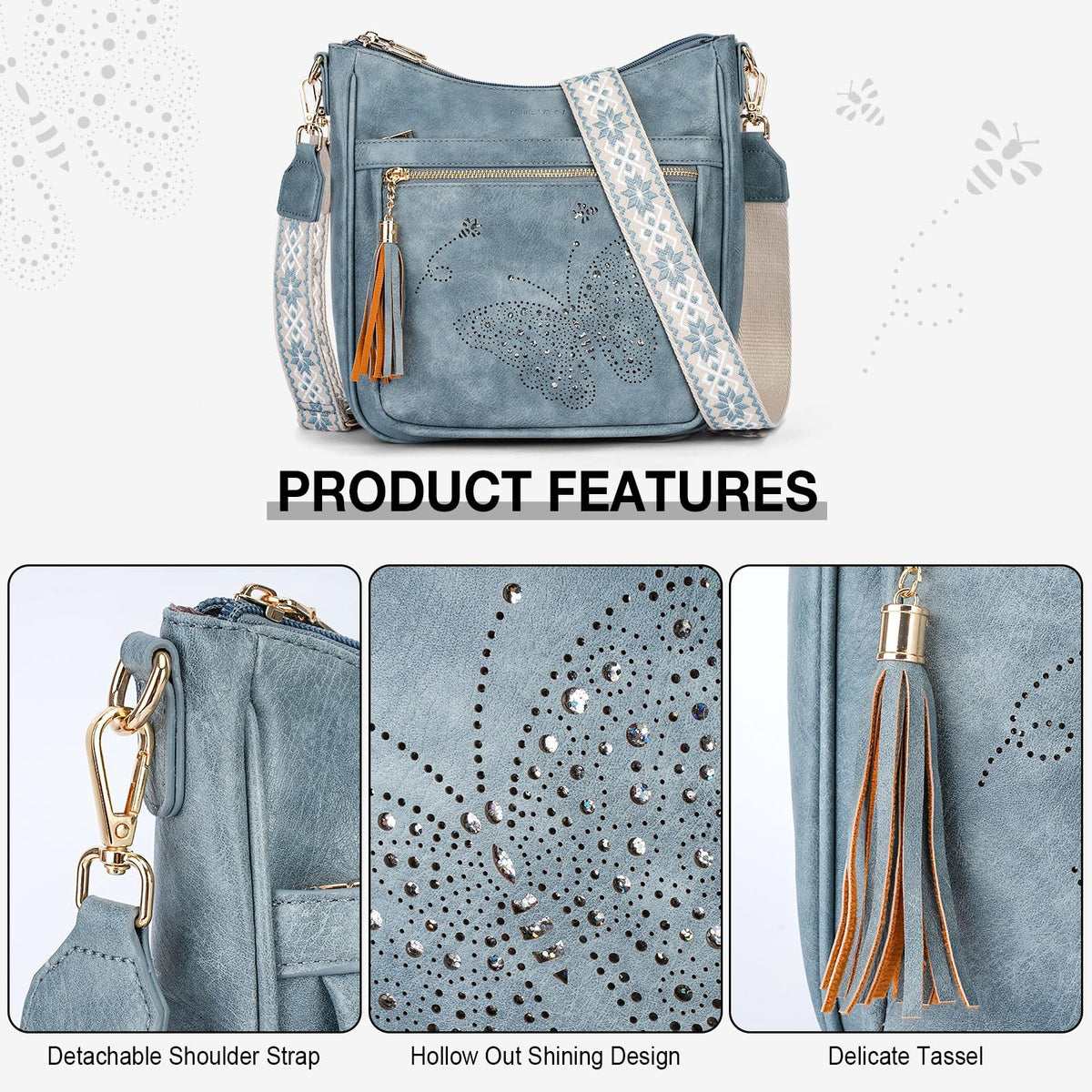 KITEVIUN Medium Crossbody Bags for Women Trendy, Women's Butterfly Shoulder Handbags with Tassel