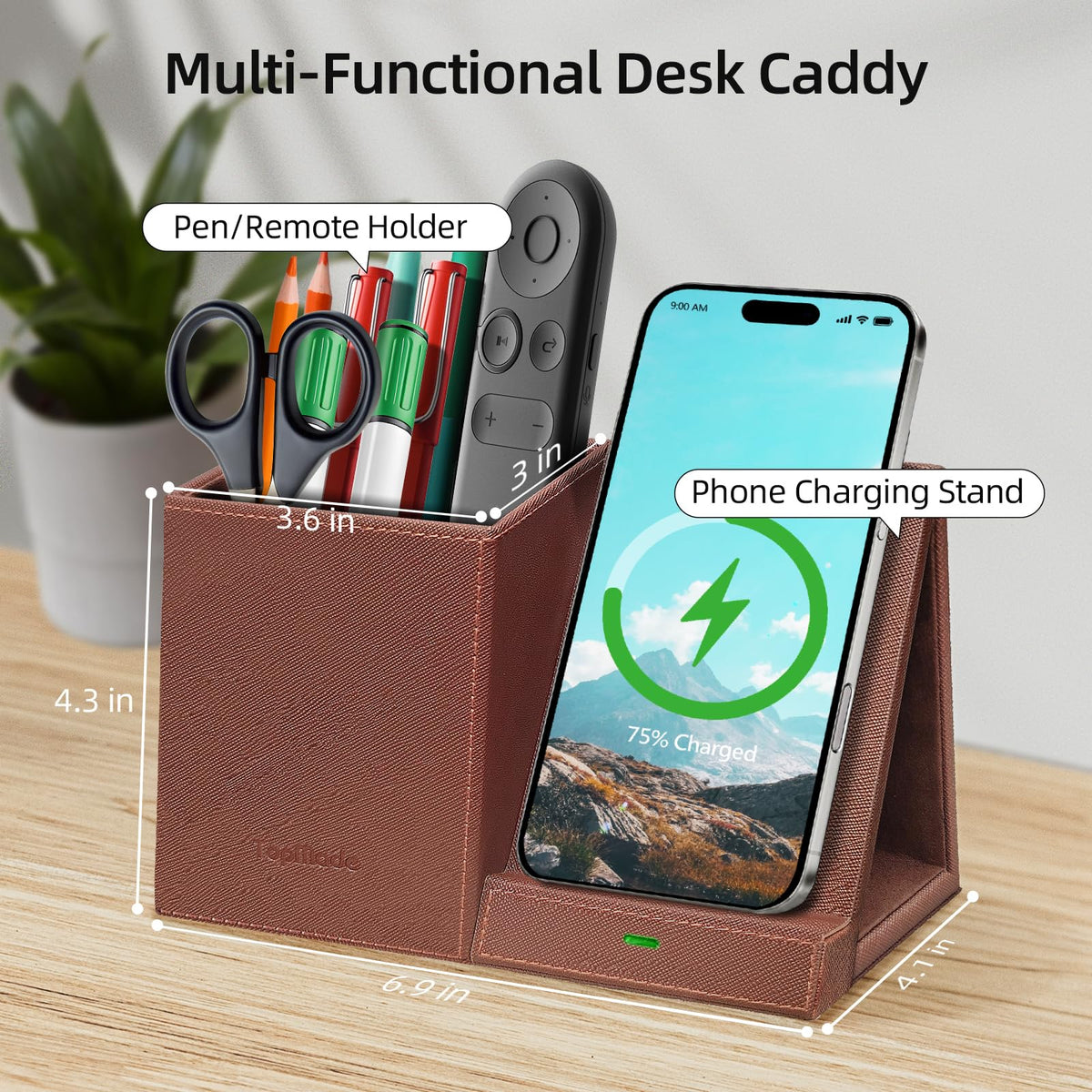 TopMade Wireless Charger with Pen Holder, Multi-functional Desktop Organizer and Storage, Home Office Supplies Desk Accessories, Pencil/Remote Holder with Fast Charging Phone Stand (Brown)