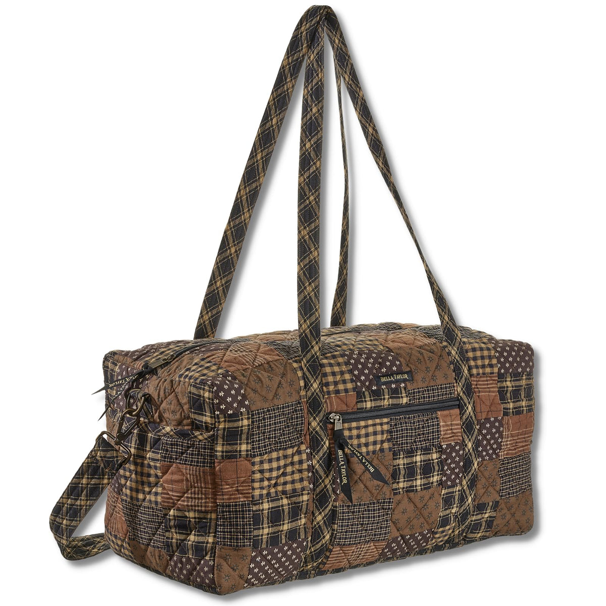 Bella Taylor Quilted Duffle Bag for Women, Large Carry On Travel Weekend Bag, Quilted Cotton Ironstone Black and Brown Patchwork