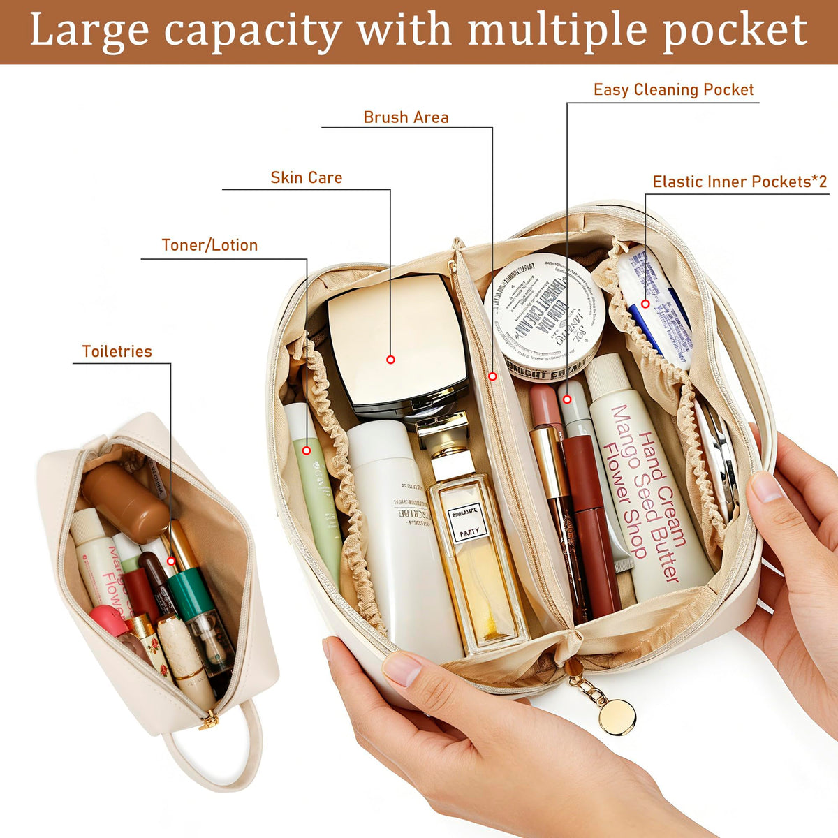 KKXIU Initial Makeup Bag for Women - Personalized Makeup Bag Gifts for Women, Travel Toiletry Bag with PU Leather, Open Flat Design with Top Handle, Cosmetic Bag Set with Multi-Pocket (Beige,P)