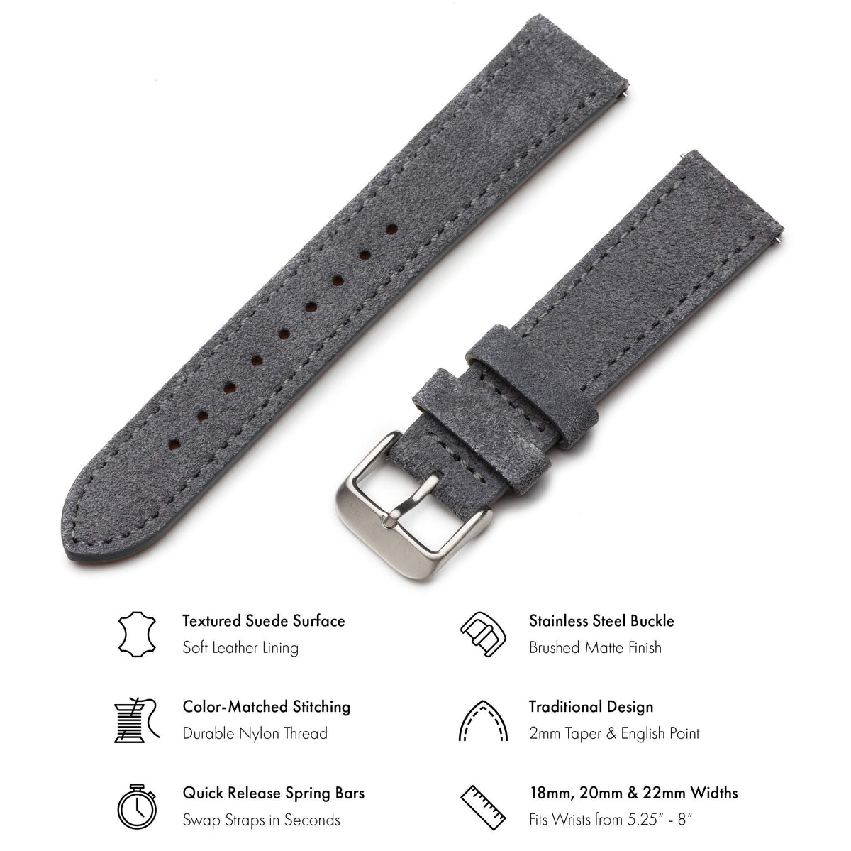Benchmark Suede 22mm Leather Watch Band – 22mm Quick Release Watch Band with Stainless-Steel Buckle & 9 Adjustable Holes – Grey Leather Watch Bands for Men & Women (22mm, Grey)