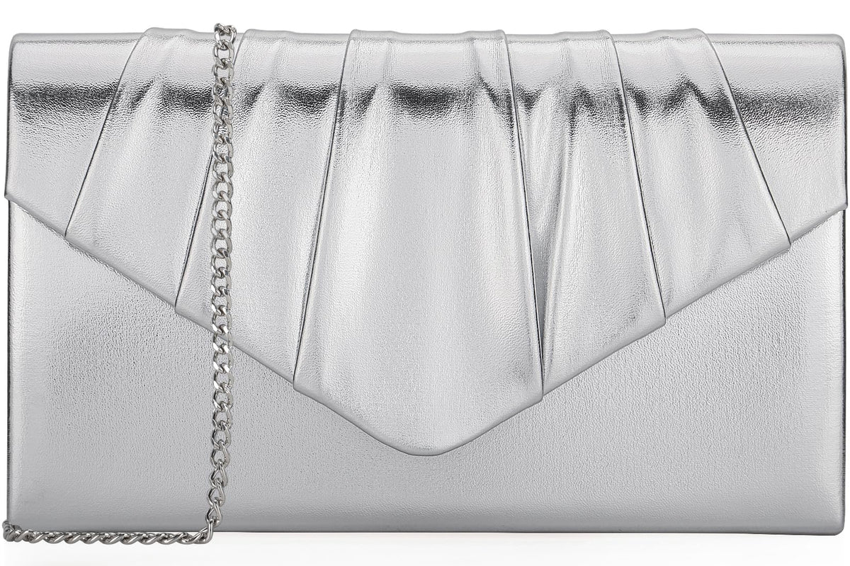 Venoline Women Evening Clutch Purse - Shimmering Metallic PU Leather Pleated Flap Envelope Handbag for Wedding Prom Party Silver