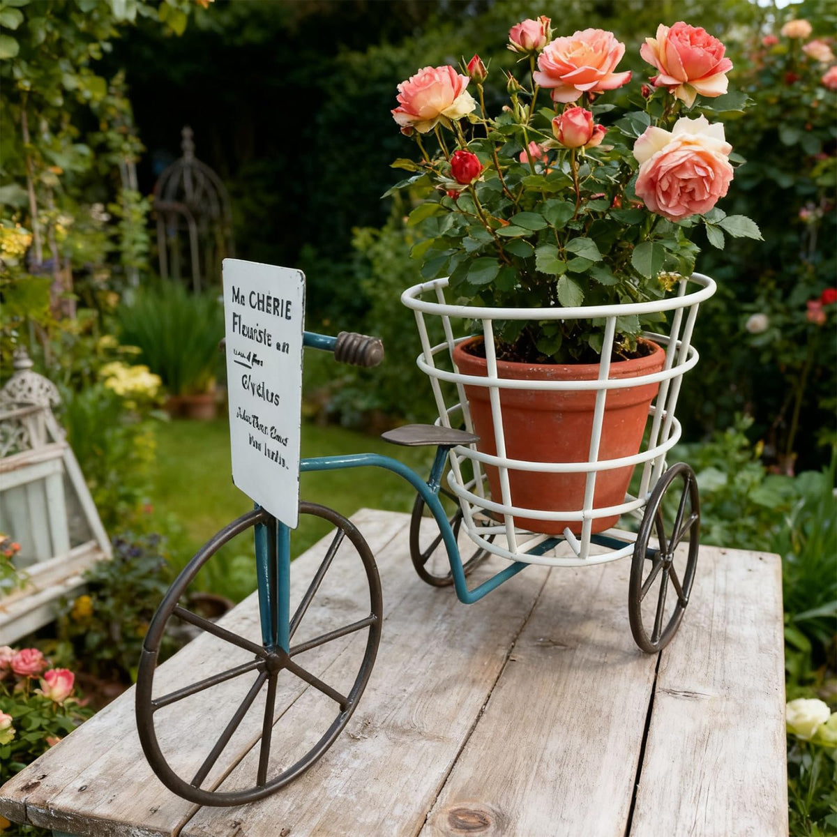 MINGLEA Beautiful Iron Tricycle Flower Pot Holder Container with Deep Basket for Living Room Indoor Outdoor Garden Decoration