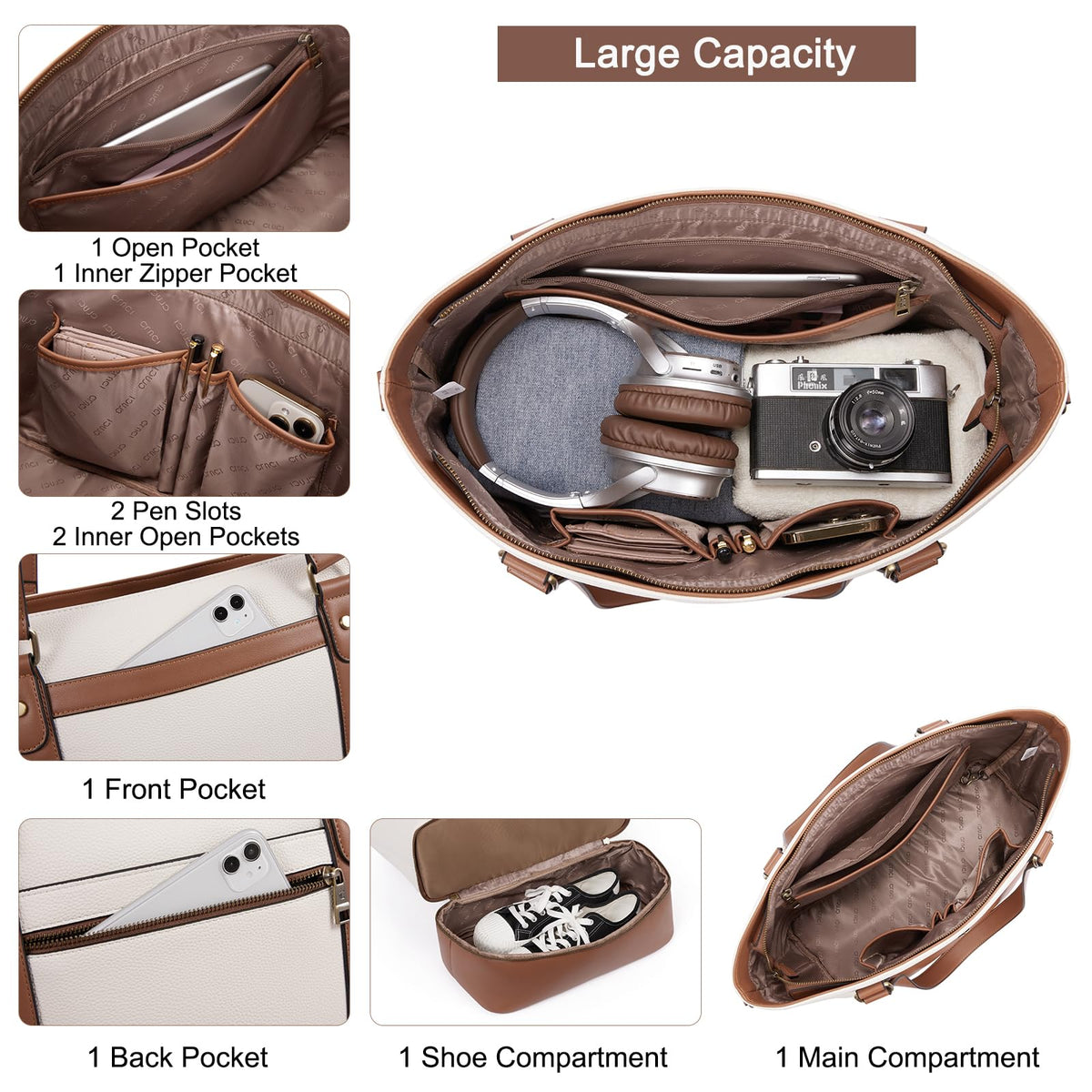 CLUCI Travel Leather Duffel Bag Weekender Bag for Women Carry on Overnight Bag Beige with Brown