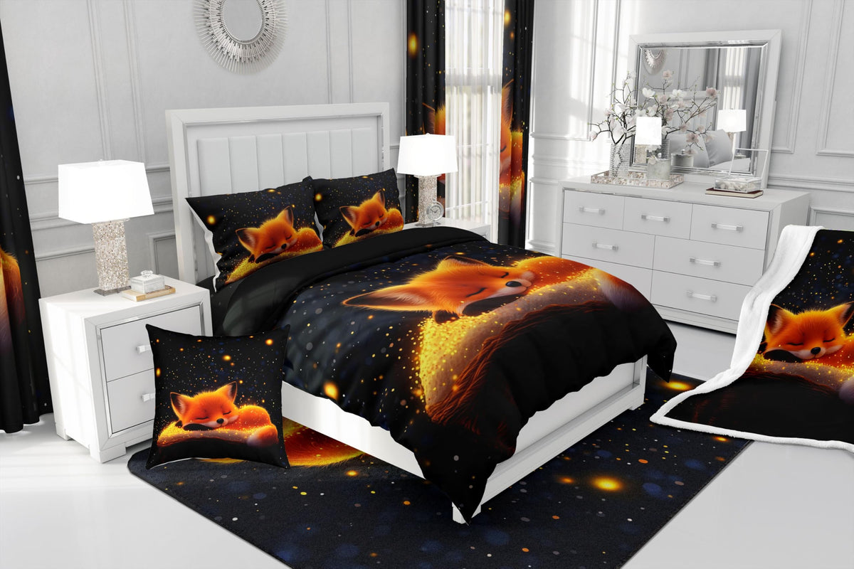 Feelyou Cute Fox Comforter Set Twin Size Kids Galaxy Fox Bedding Set for Boys Girls Teens Universe Animal Comforter Breathable Woodland Fox Duvet Set Glitter Wildlife Quilt Set