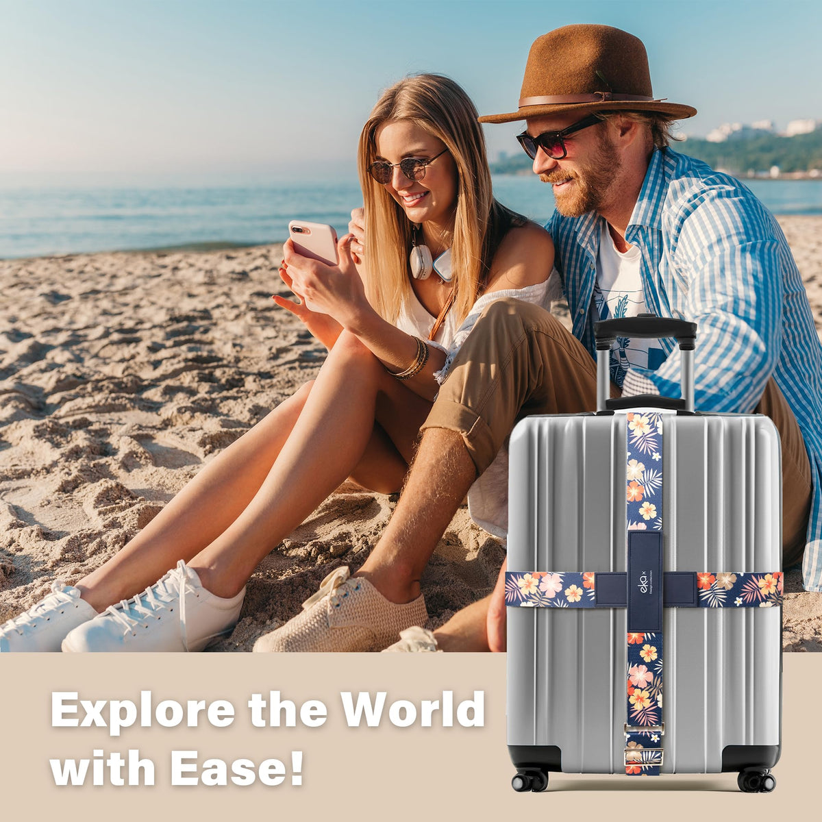Luggage Straps for Suitcases,Adjustable Luggage Elastic Belt, Travel Essentials for Airport,Station, Vibrant Designs, White Cat