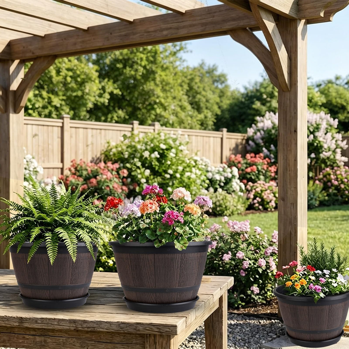 Myfeegoin 10-inch-Pots-for-Plant-Outdoor, 4 Pack Plastic Whiskey Barrel Planters Plant Pots with Drainage Hole & Saucer, Decorative Indoor Flower Pot for House Garden Porch