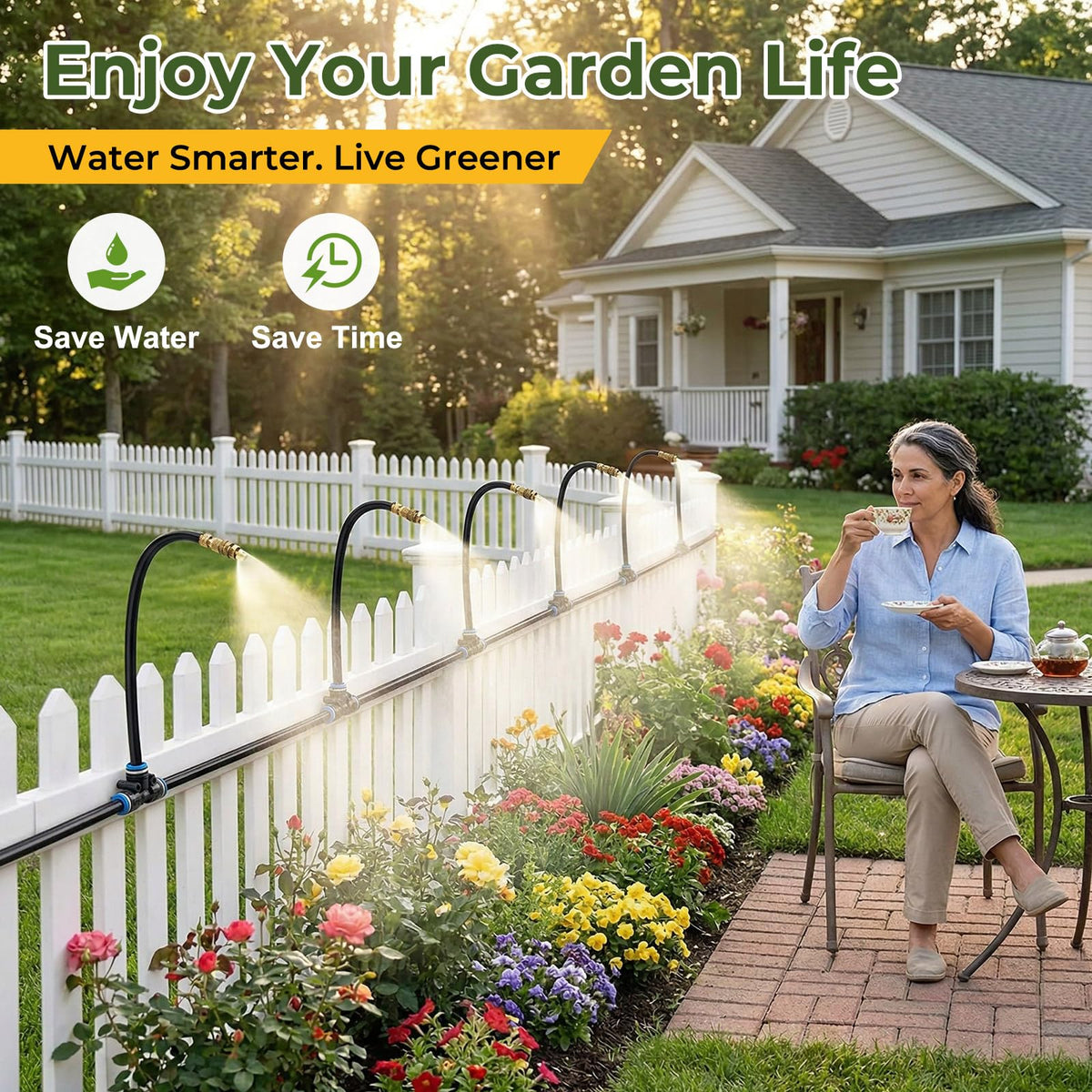 Drip Irrigation Kit for Garden 30FT, 360° Adjustable Watering System with 1/4" Tubing, Brass Misting Nozzles, DIY Micro Irrigation System for Potted Plants, Patio, Greenhouse