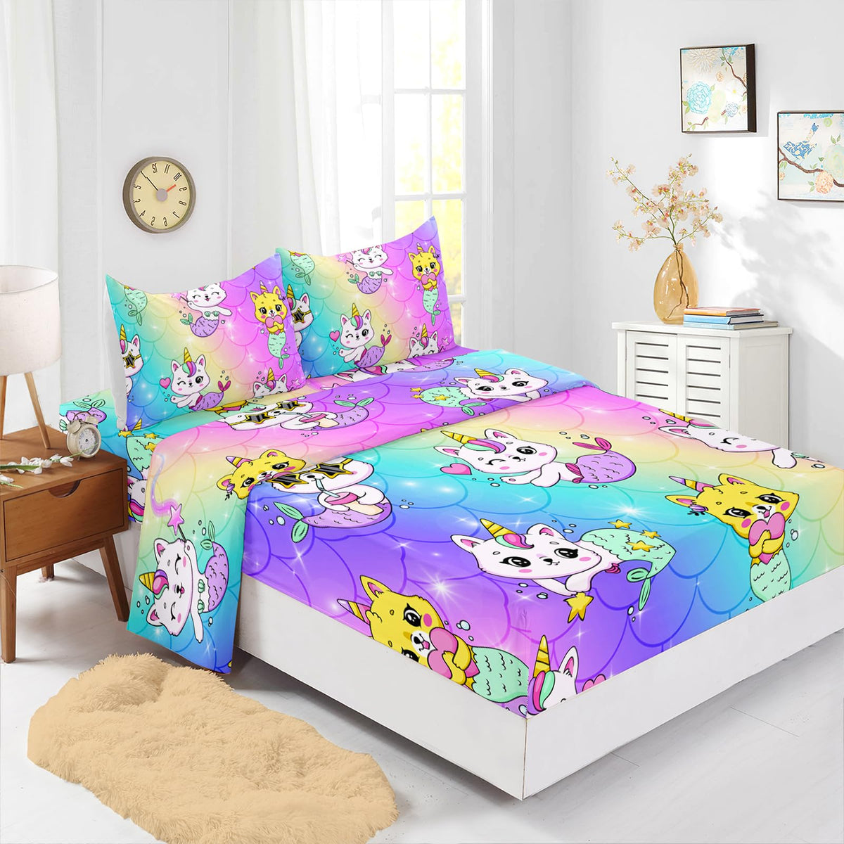 Axolotl Kawaii Unicorn Cat Sheets Set Twin,Rainbow Cartoon Cat Sheets Set,Mermaid Scales Bedding Set for Girls,Cats Bed Set,1 Flat Sheet 1 Fitted Sheet 2 Pillowcases,Pink Blue