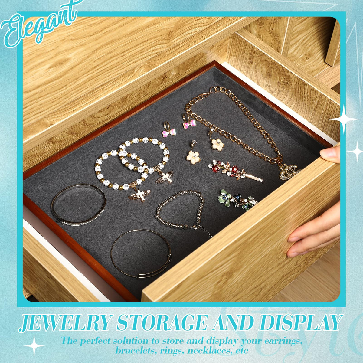 CroBlissful 2 Pcs Solid Wood Flat Jewelry Tray Stackable Jewelry Drawer Organizer Showcase Display Organizer Tray