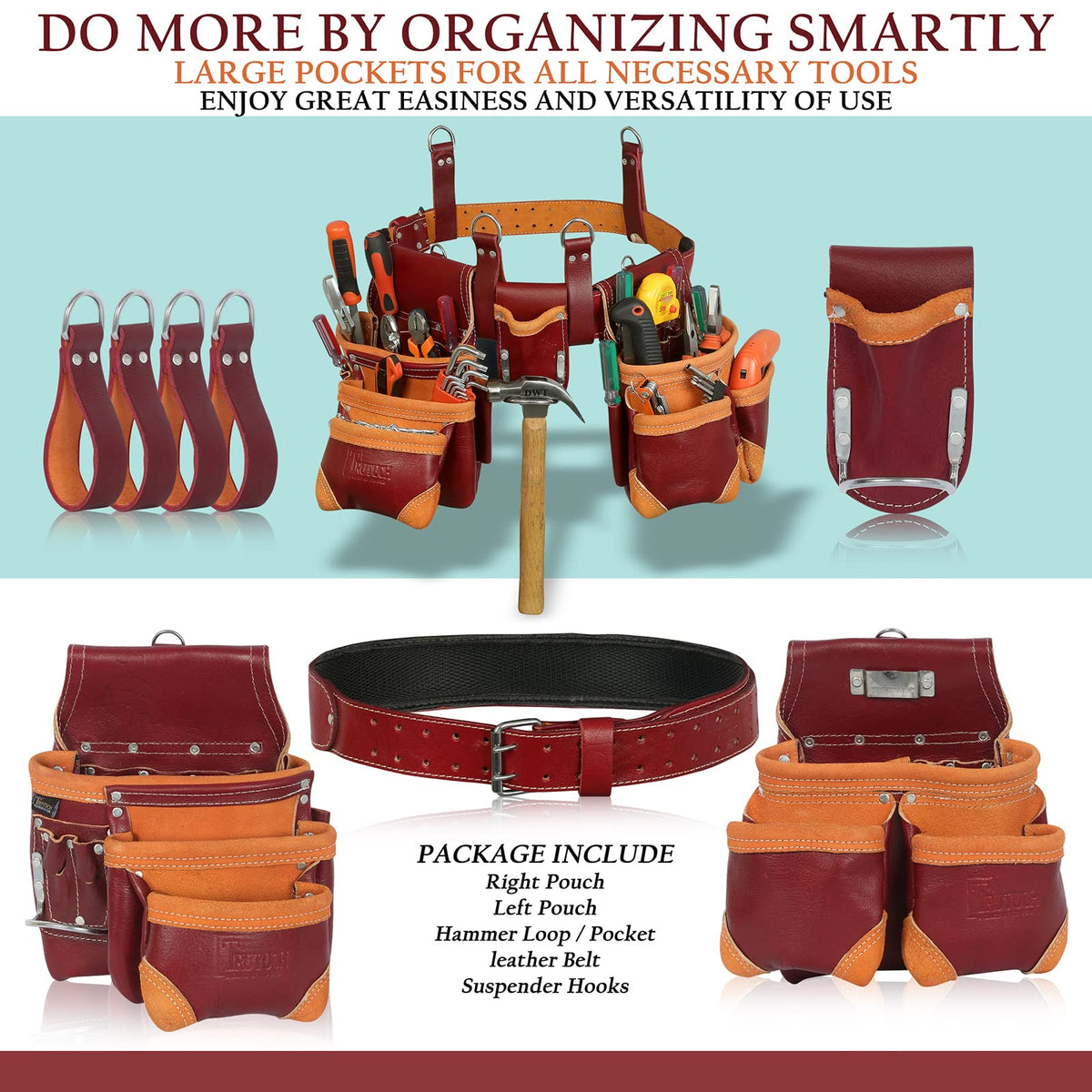 TRUTUCH Grain Leather Tool Belt | Tool Rig Set | Tool Pouch | Drywall | Carpenter Tool Bag | Leather Tool Belts for Men | Construction | Framers | Electrician (Maroon)