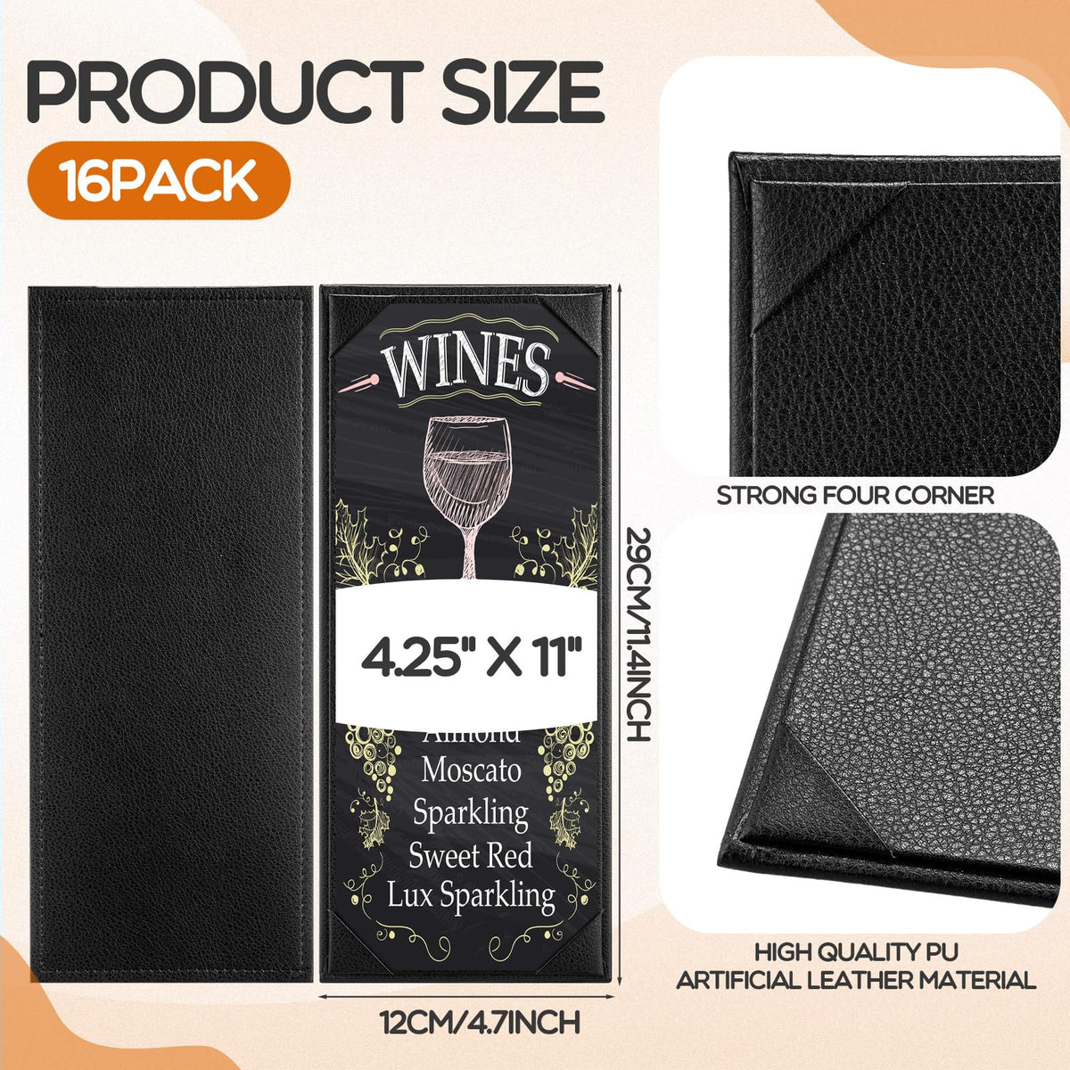 GlikCeil 16 Pcs Restaurant Leather Menu Holders Single Panel Menu Covers for Wine Drinks List 4.25 x 11 Inch Black Menu Book Cover with Angled Corners for bar Hotel Coffee, Single View