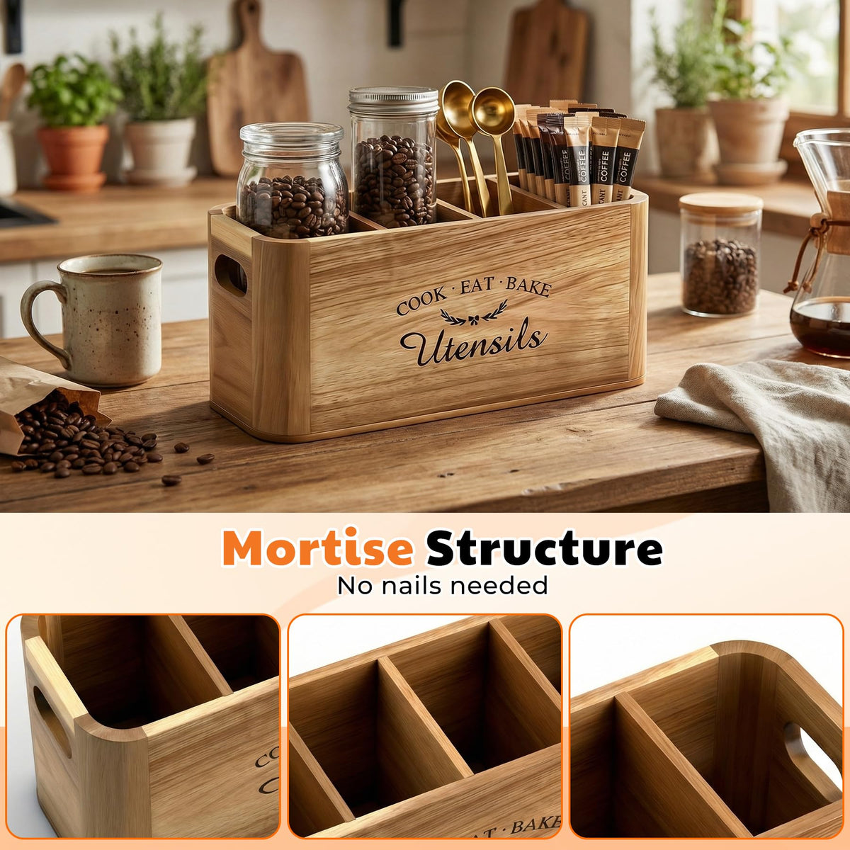 Eclove Acacia Wood Utensil Holder for Kitchen Countertop, Extra Large Wooden Utensil Organizer with Magnetic Knife Strip, 4 Compartment Farmhouse Kitchen Tool Caddy and Silverware Storage
