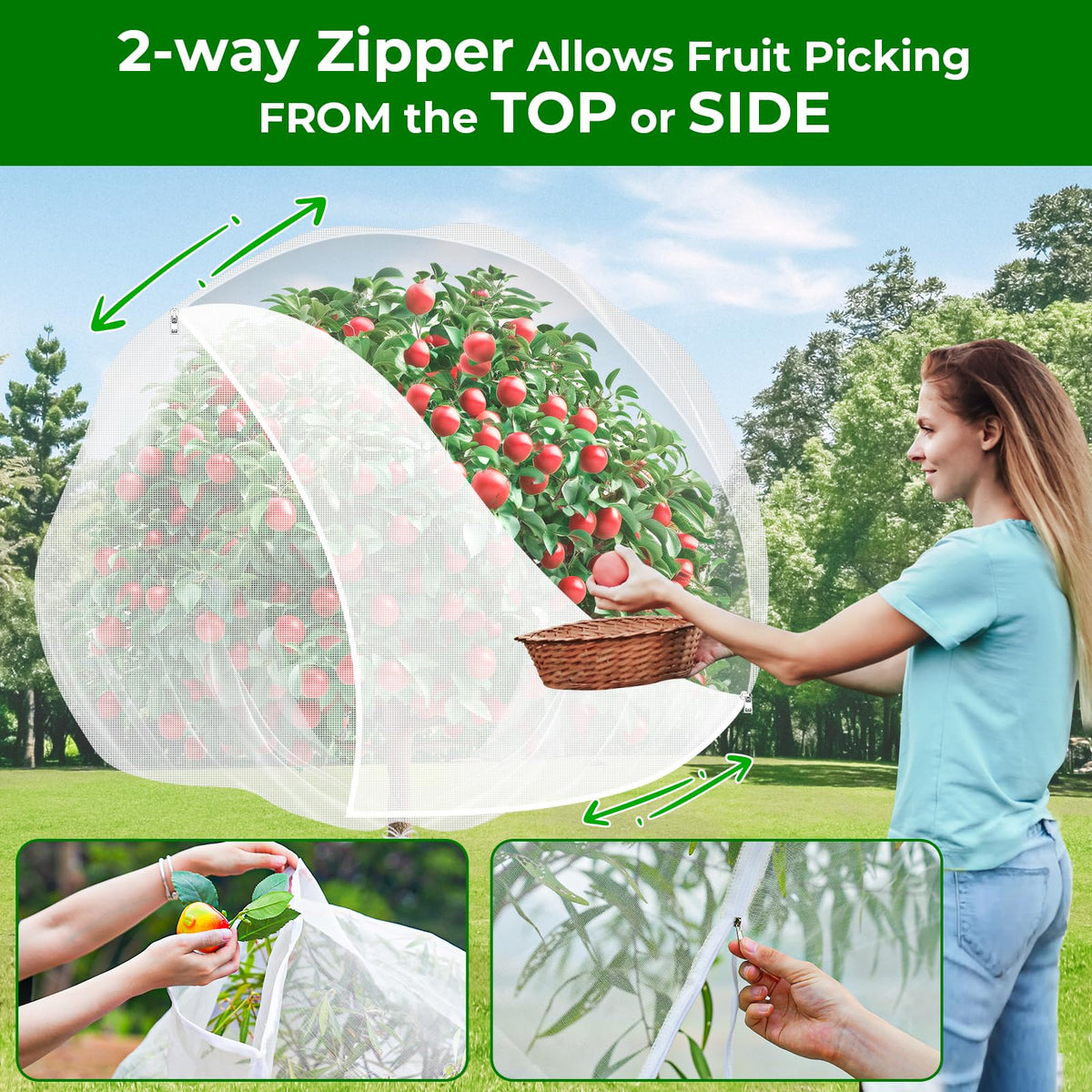Fruit Tree Netting with 2-Way Zipper & Drawstring - 6.4'x6.4' Garden Plant Net Pest Barrier to Prevent Cicadas Bird Squirrel Deer - Protection for Blueberry Tomato with Fine Mesh Insect Cover (2 Pack)