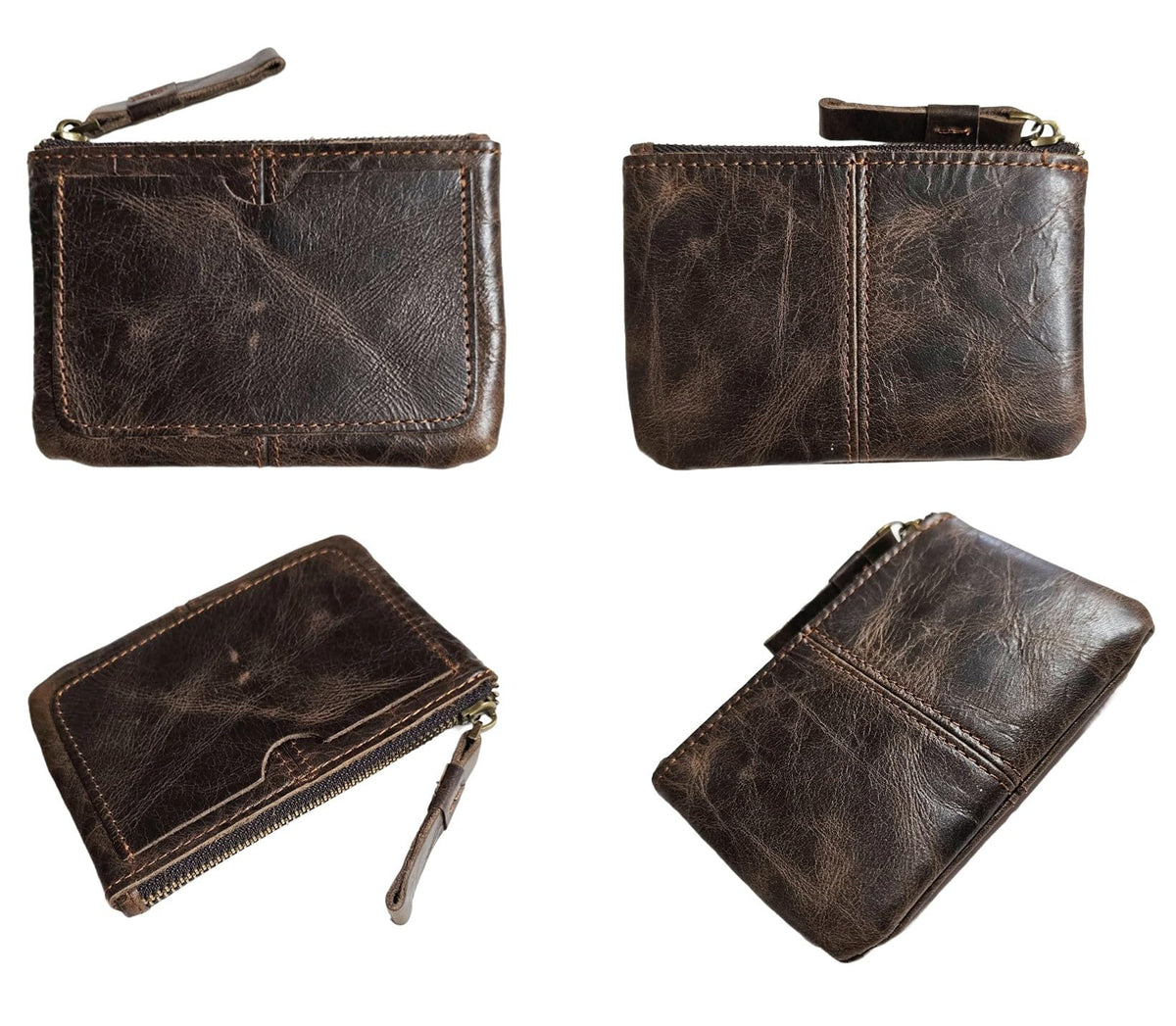 Genuine Leather Coin Purse Pouch for Women Men Vintage Cowhide Grain Leather Slim Mini Wallet Metal Zipper with Real Leather handle (Dark Brown)