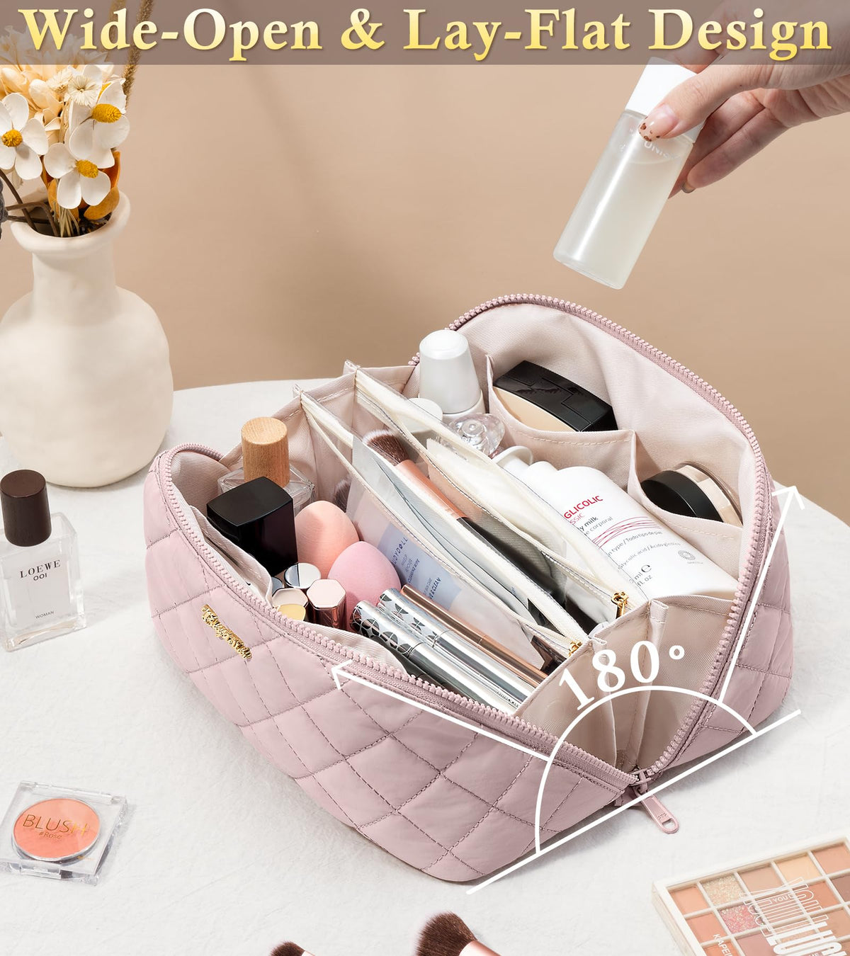 Travel Makeup Bag, 3 Pcs Large Capacity Puffy Toiletry Bag for Women, Open Flat Make up Cosmetic Organizer w/Handle & Clear Divider Water-resistant Portable Pouch Travel Essentials, L-Light Pink