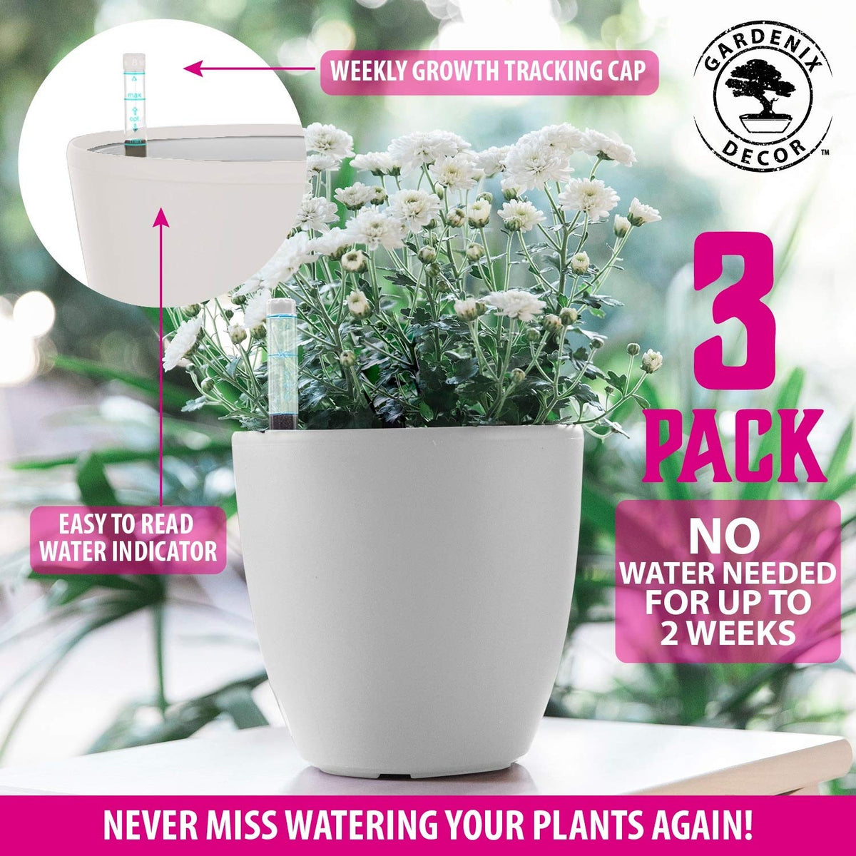 GARDENIX DECOR Self Watering Pots for Indoor Plants 3 Pack - Flower Pot with Water Level Indicator for Plants, Grow Tracking Tool - Self Watering Planter Plant Pot - Coco Coir - White