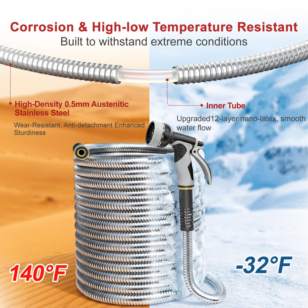 Lefree 100ft Metal Garden Hose - Heavy Duty 304 Stainless Steel Flexible Water Hose, No Kinks & Leak-Proof with Upgraded Handle, 10-Function Spray Nozzle & 4 Spare Gaskets for Yard, RV, Pet Bath